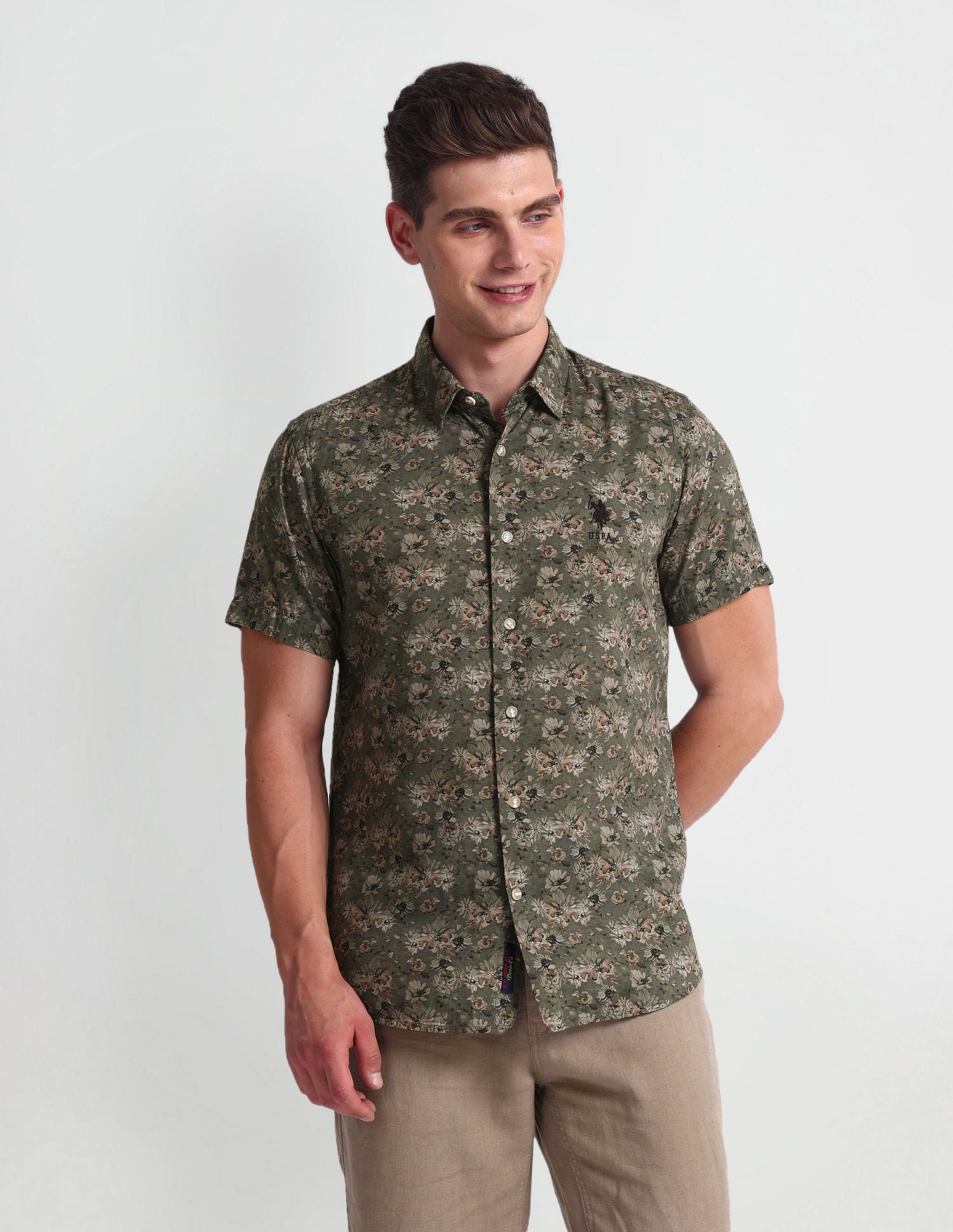 Floral Print Slim Fit Shirt Olive - U.S. Polo Assn. India | Large