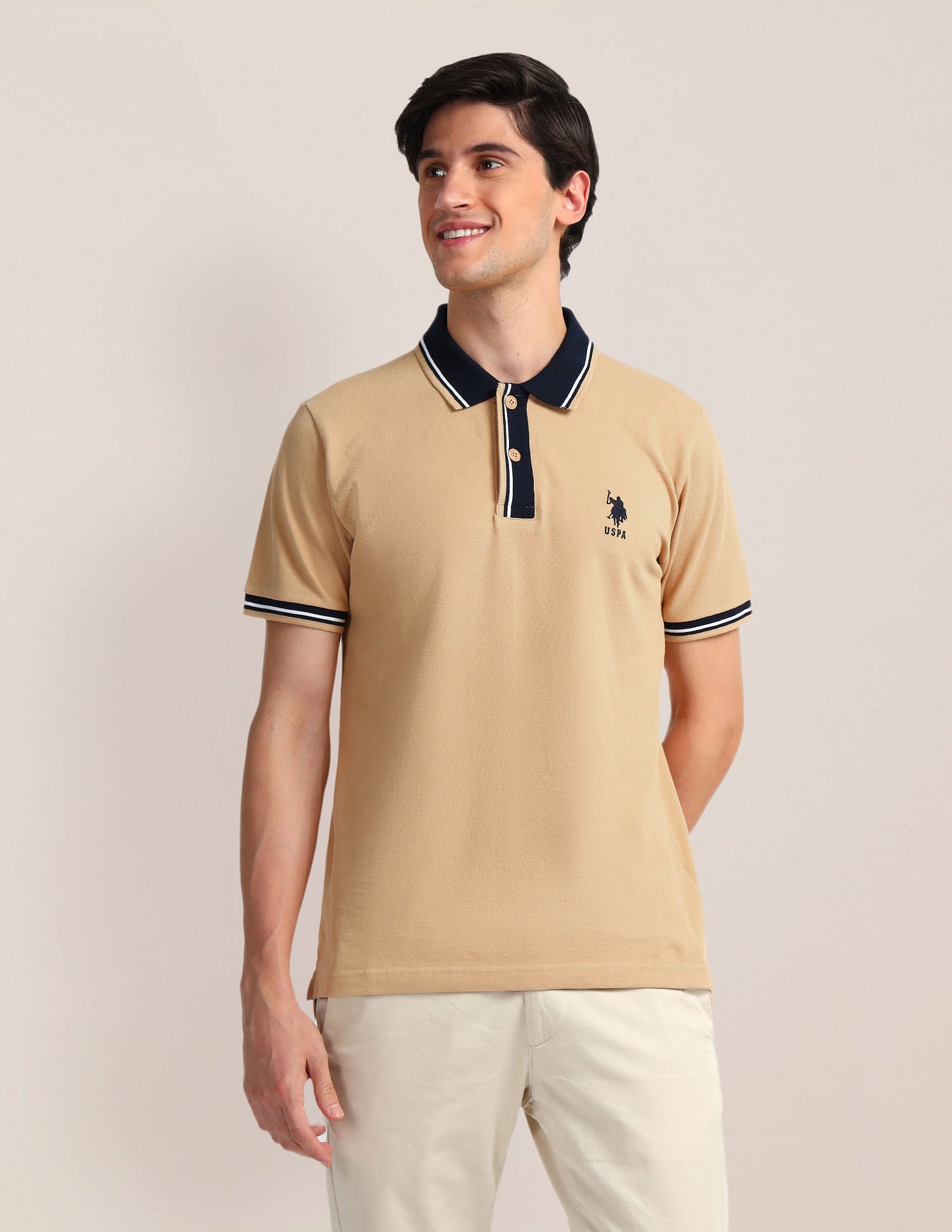 Contrast Collar Slim Polo Shirt Beige - U.S. Polo Assn. India | Large