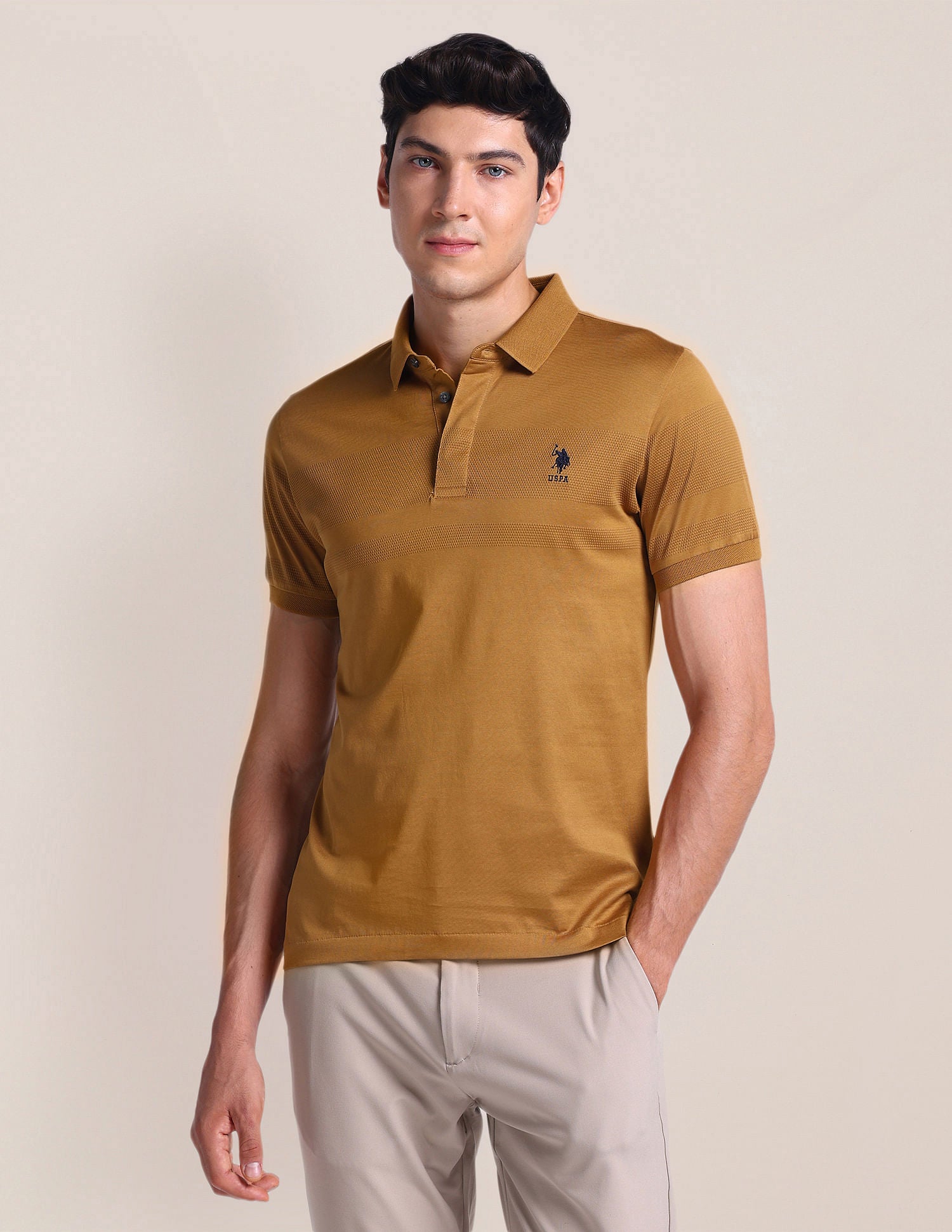 Pattern Knit Slim Polo Shirt Ochre - U.S. Polo Assn. India | Large