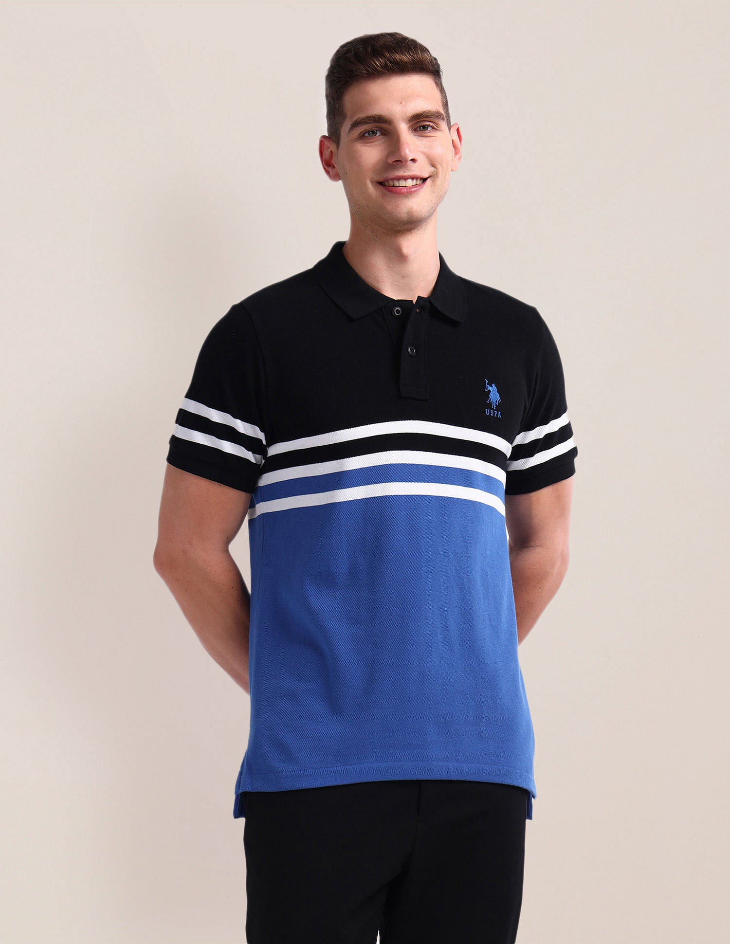 Colour Block Pique Polo Shirt Black and Blue - U.S. Polo Assn. India | Large