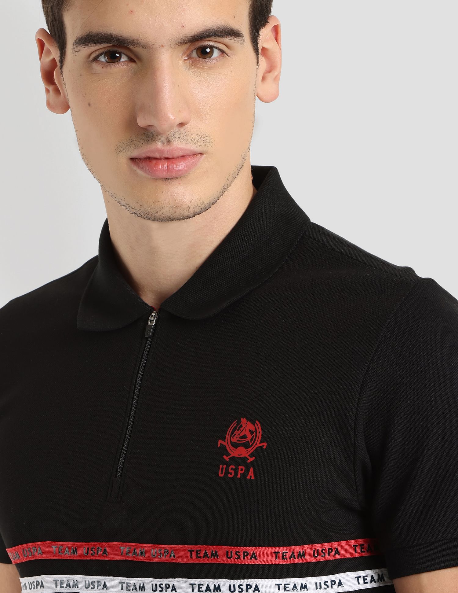 Brand Tape Zipper Active Polo Shirt Black - U.S. POLO ASSN. | Large