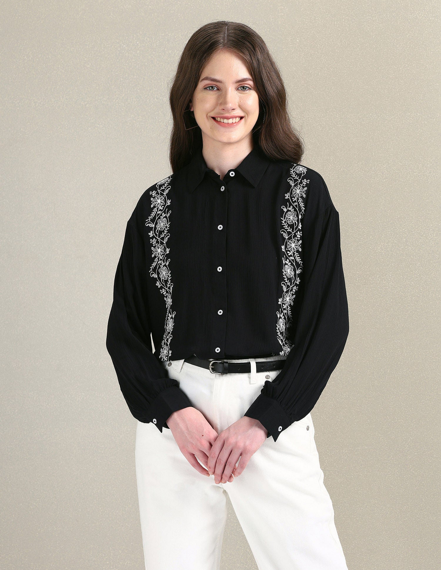 Shirt Collar Embroidered Top Black - U.S. POLO ASSN. | Large