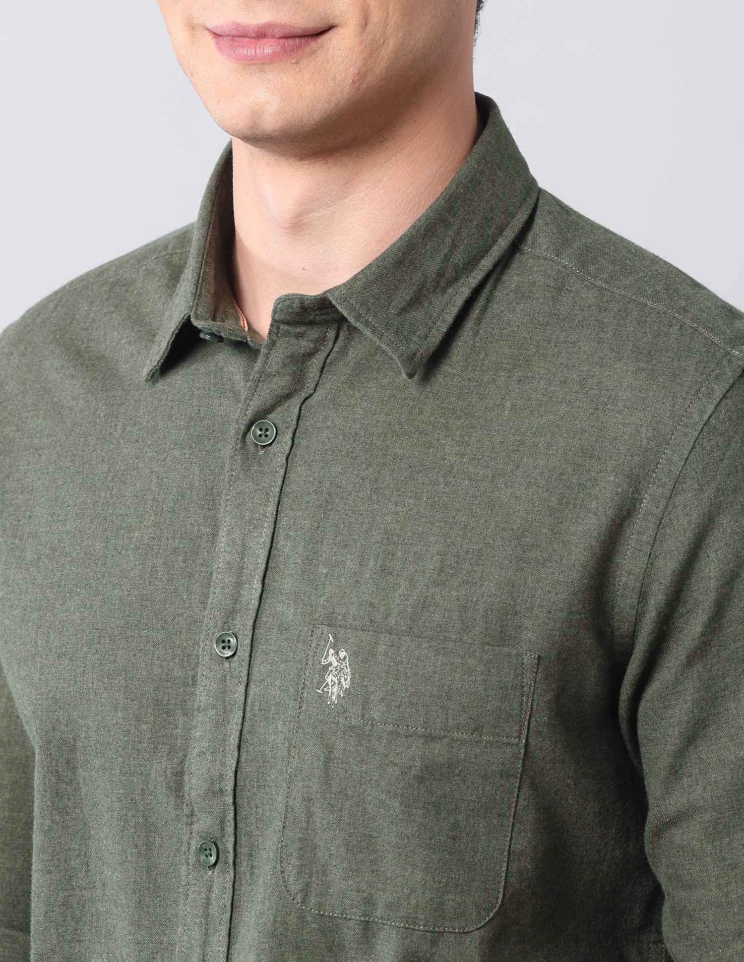 Regular Fit Pure Cotton Shirt Olive - U.S. Polo Assn. India | Large