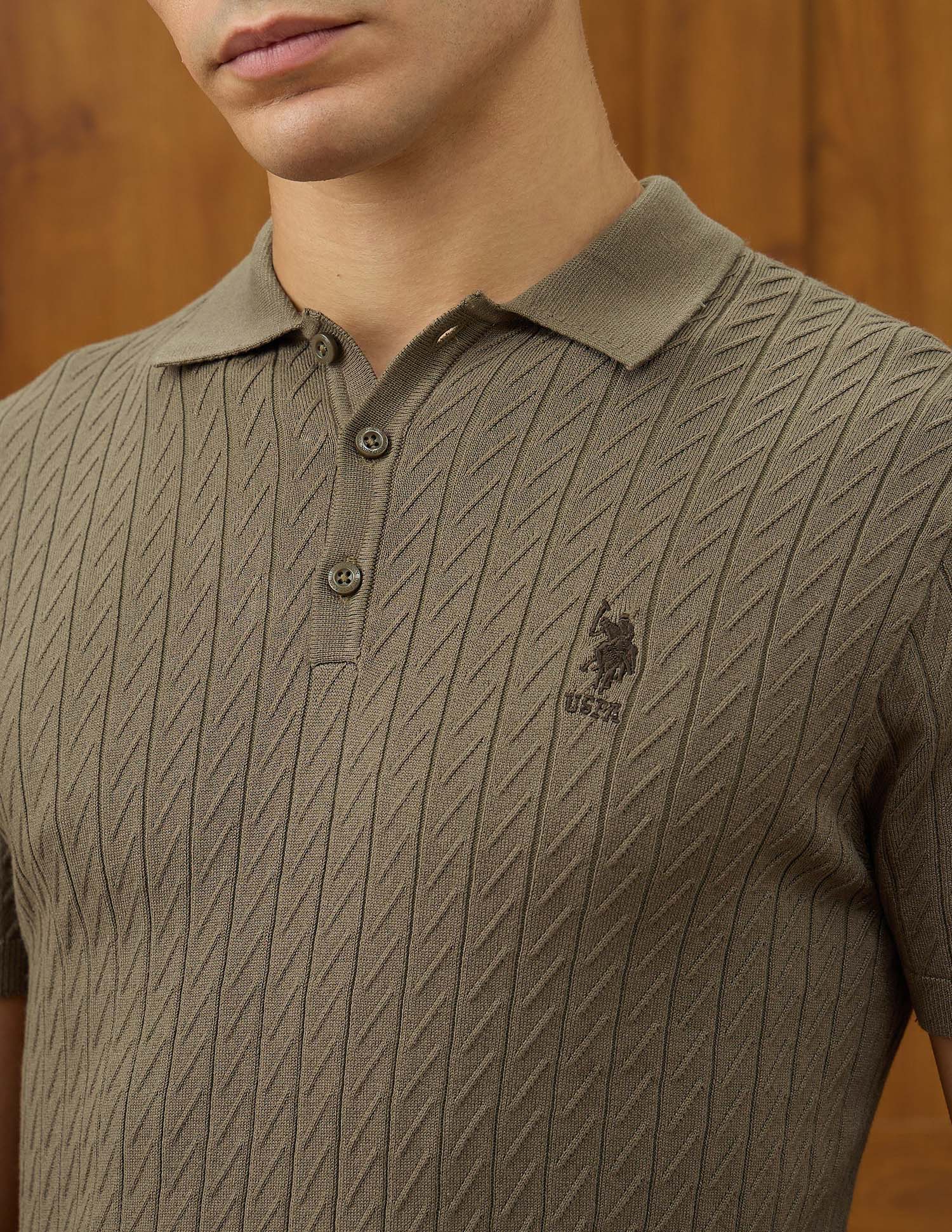 Patterned Knit Equestrian Aisle Theater Polo Shirt Light Brown - U.S. POLO ASSN. | Large