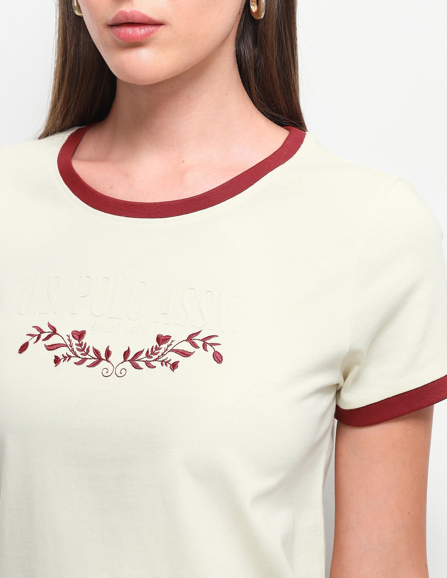 Floral Embroidery Regular Fit Ringer T-Shirt Ecru - U.S. Polo Assn. India | Large