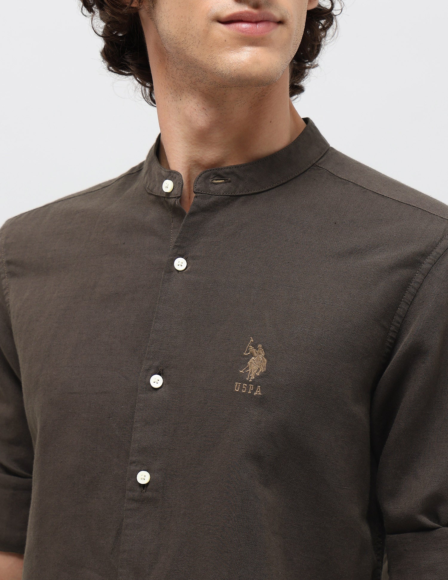 Solid Regular Fit Mandarin Shirt Choco - U.S. POLO ASSN. | Large