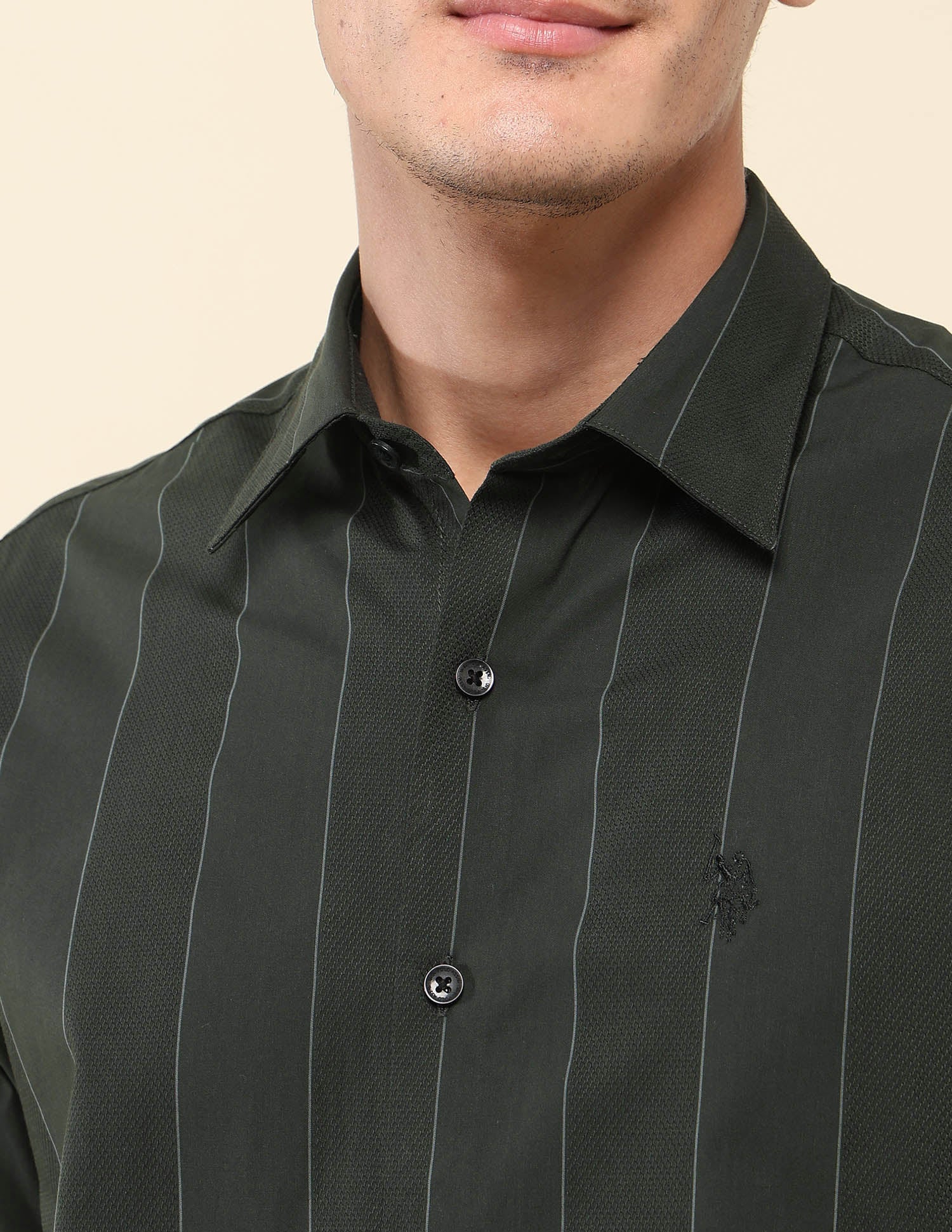 Vertical Striped Pure Cotton Shirt Olive - U.S. Polo Assn. India | Large