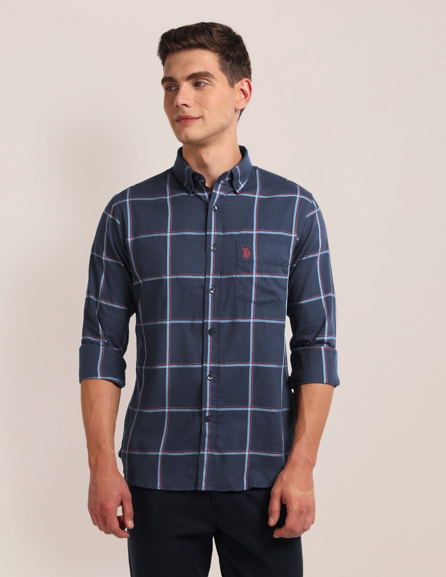 Windowpane Check Twill Shirt Navy - U.S. Polo Assn. India | Large