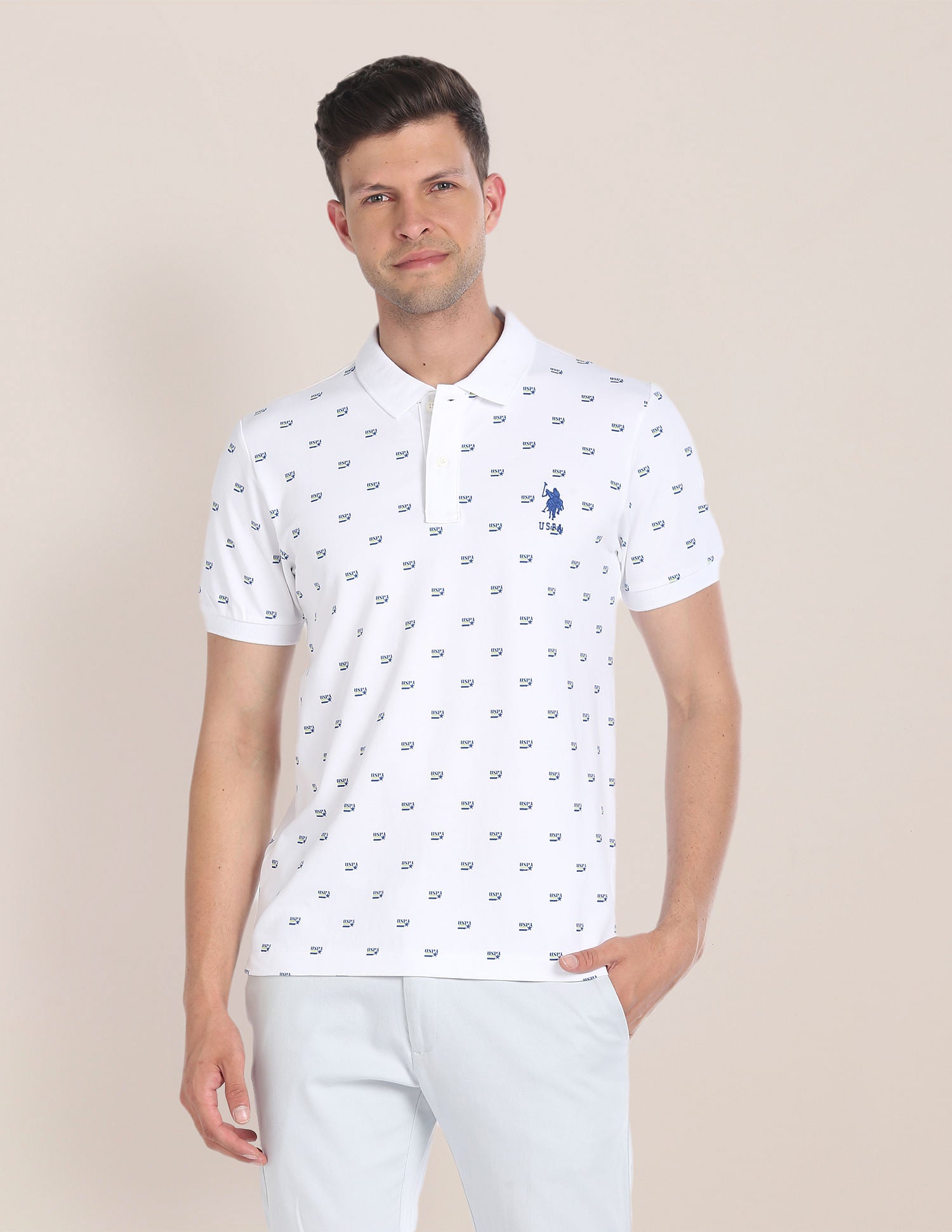 Brand Print Slim Polo Shirt White - U.S. Polo Assn. India | Large
