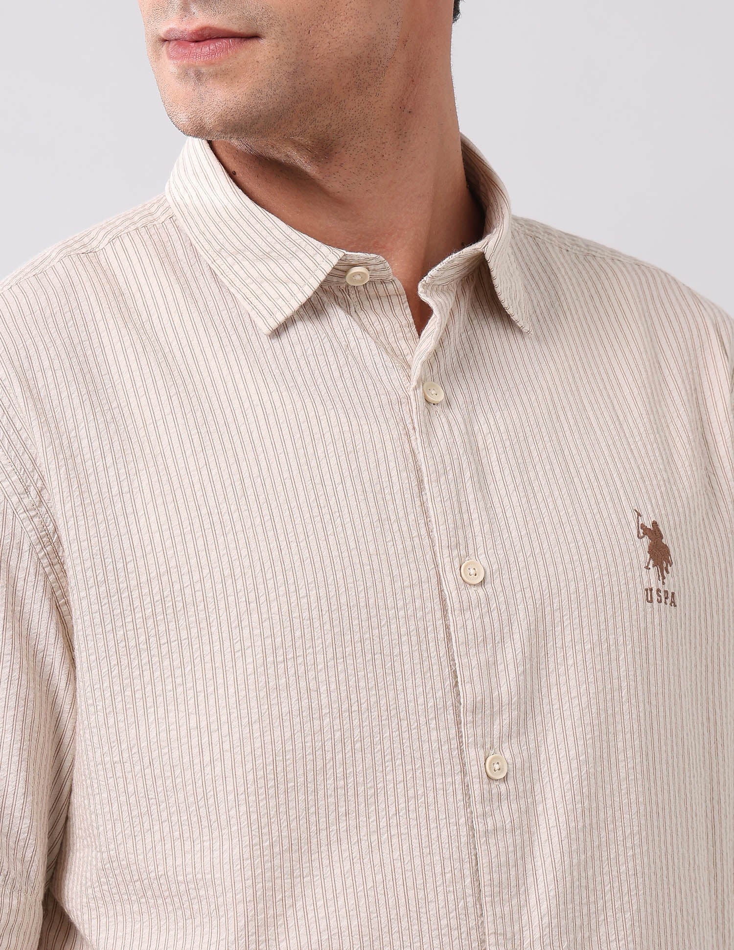 Vertical Striped Pure Cotton Shirt Beige - U.S. POLO ASSN. | Large
