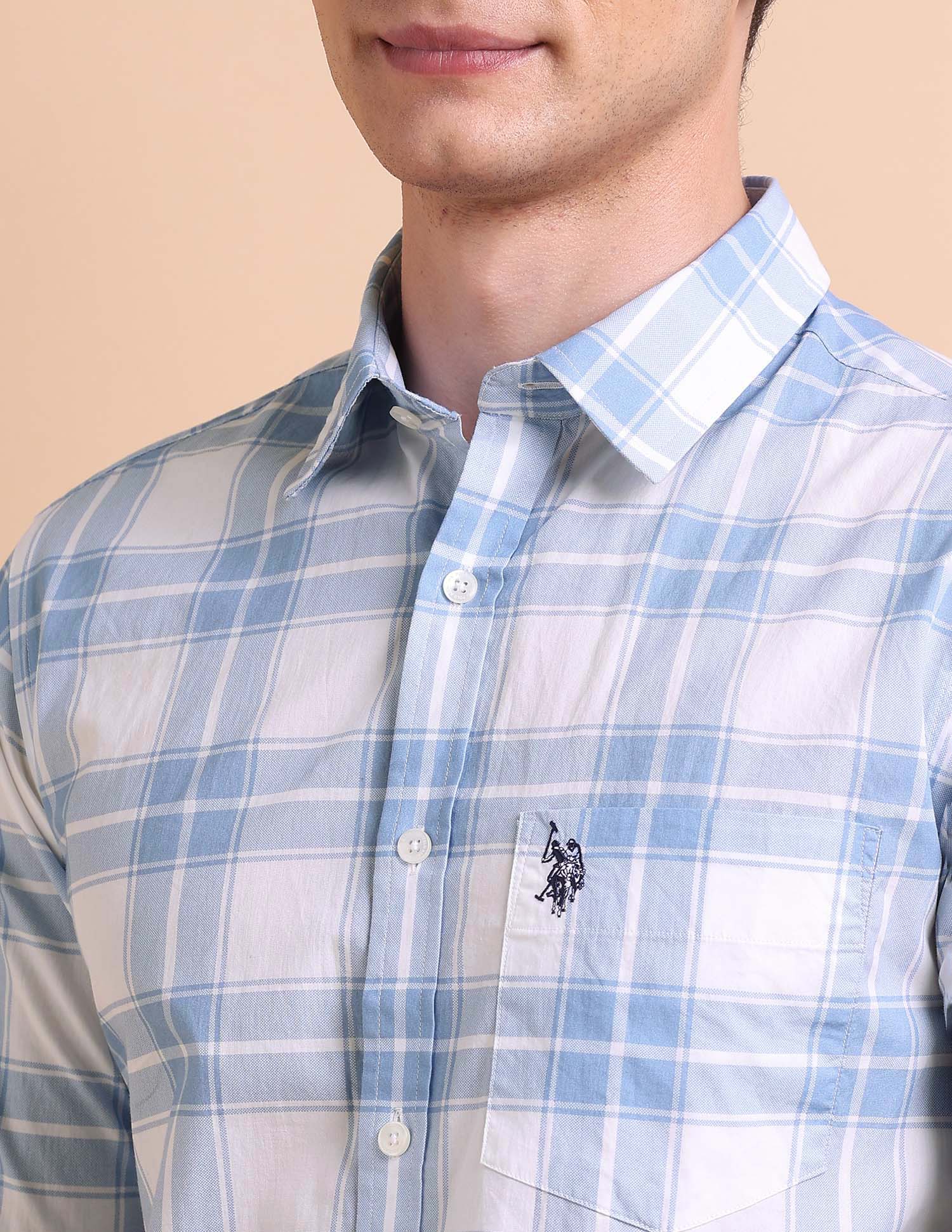 Tailored Fit Grid Tattersall Checked Shirt Blue - U.S. POLO ASSN. | Large