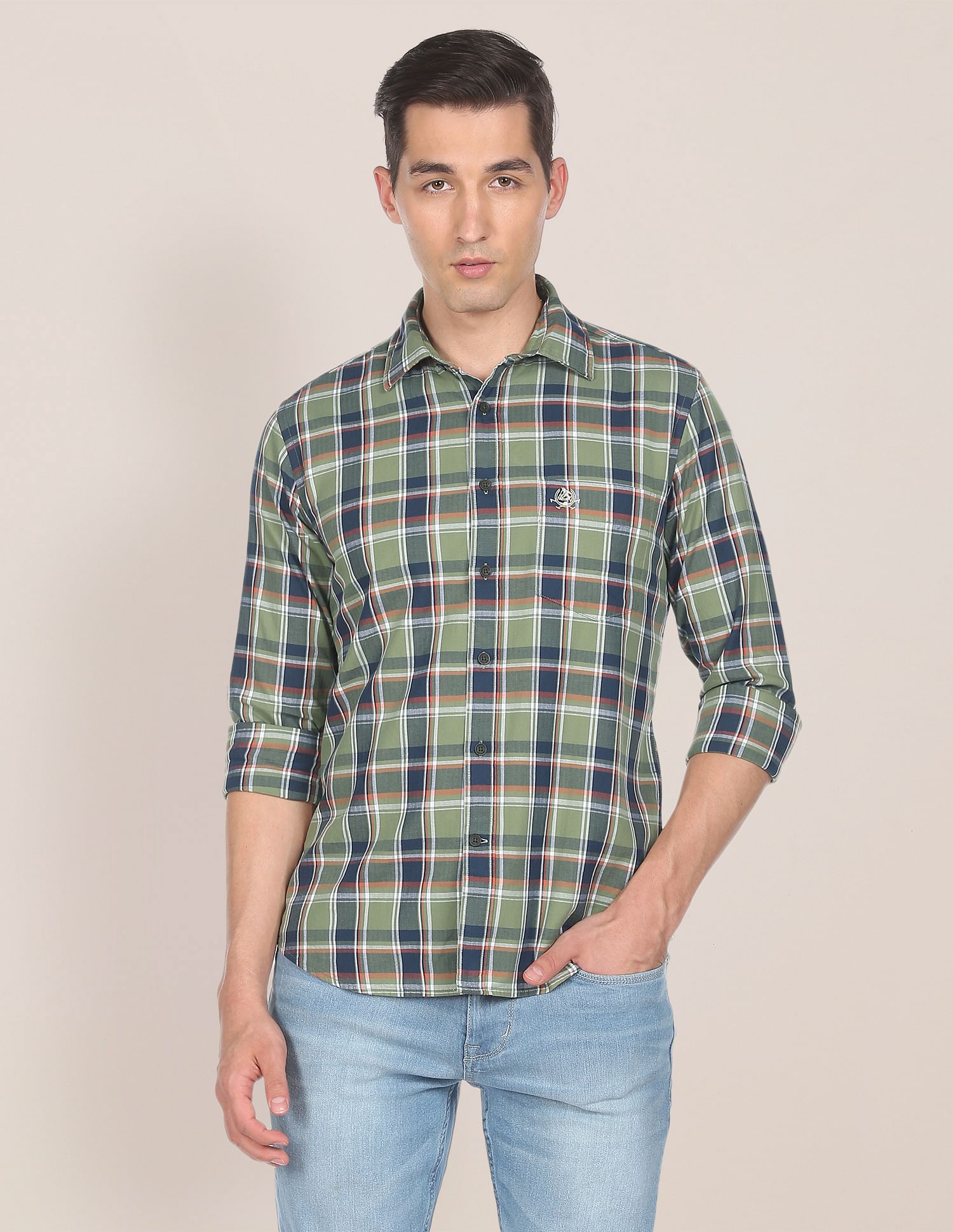 Men Olive Herringbone Weave Check Casual Shirt Olive - U.S. POLO ASSN. | Large