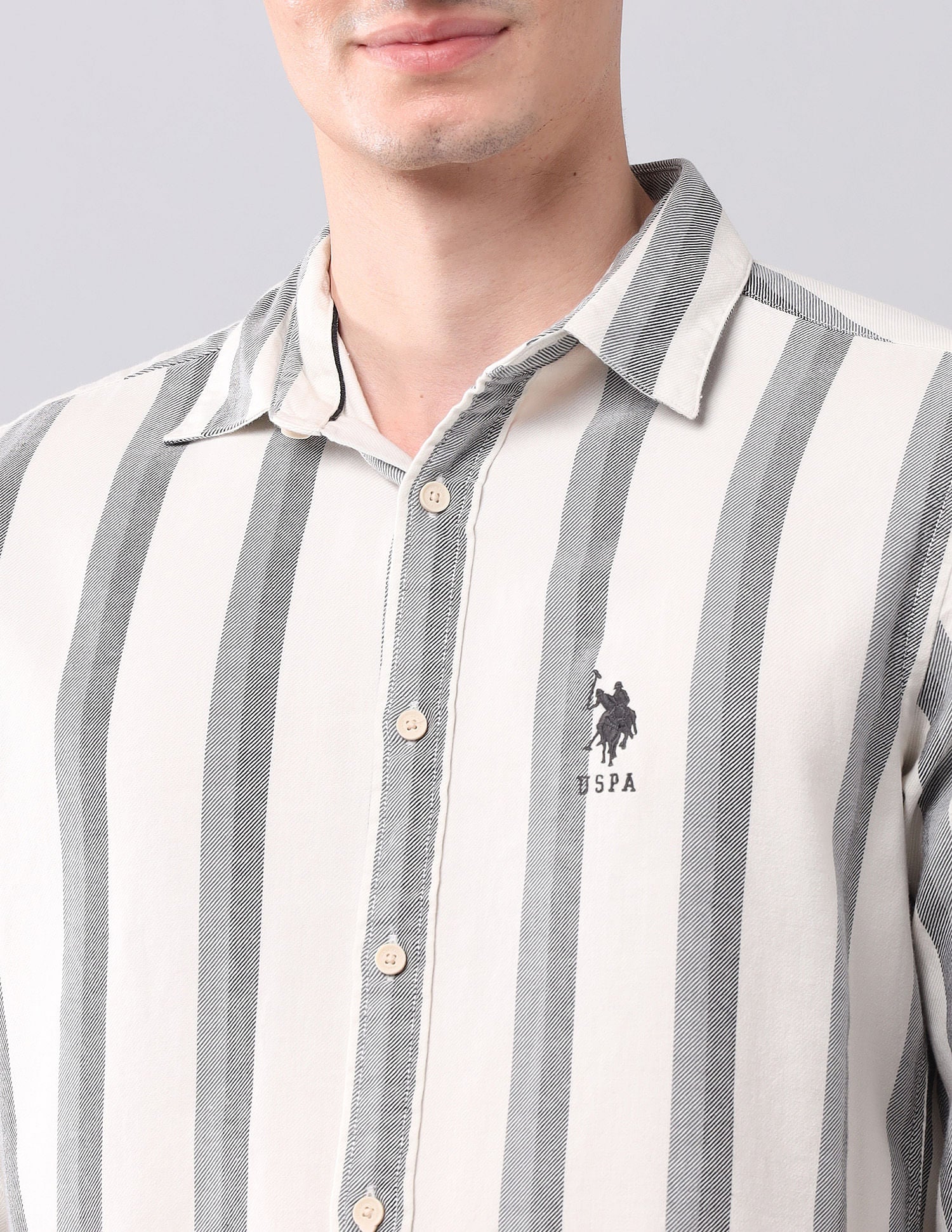 Vertical Striped Pure Cotton Shirt Ivory - U.S. Polo Assn. India | Large