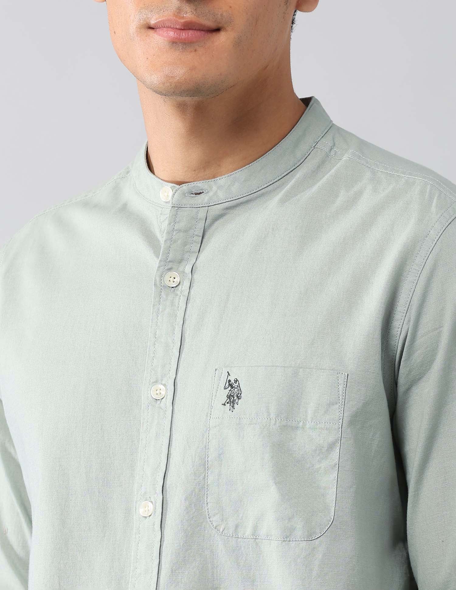 Solid Regular Fit Mandarin Shirt Light Green - U.S. Polo Assn. India | Large