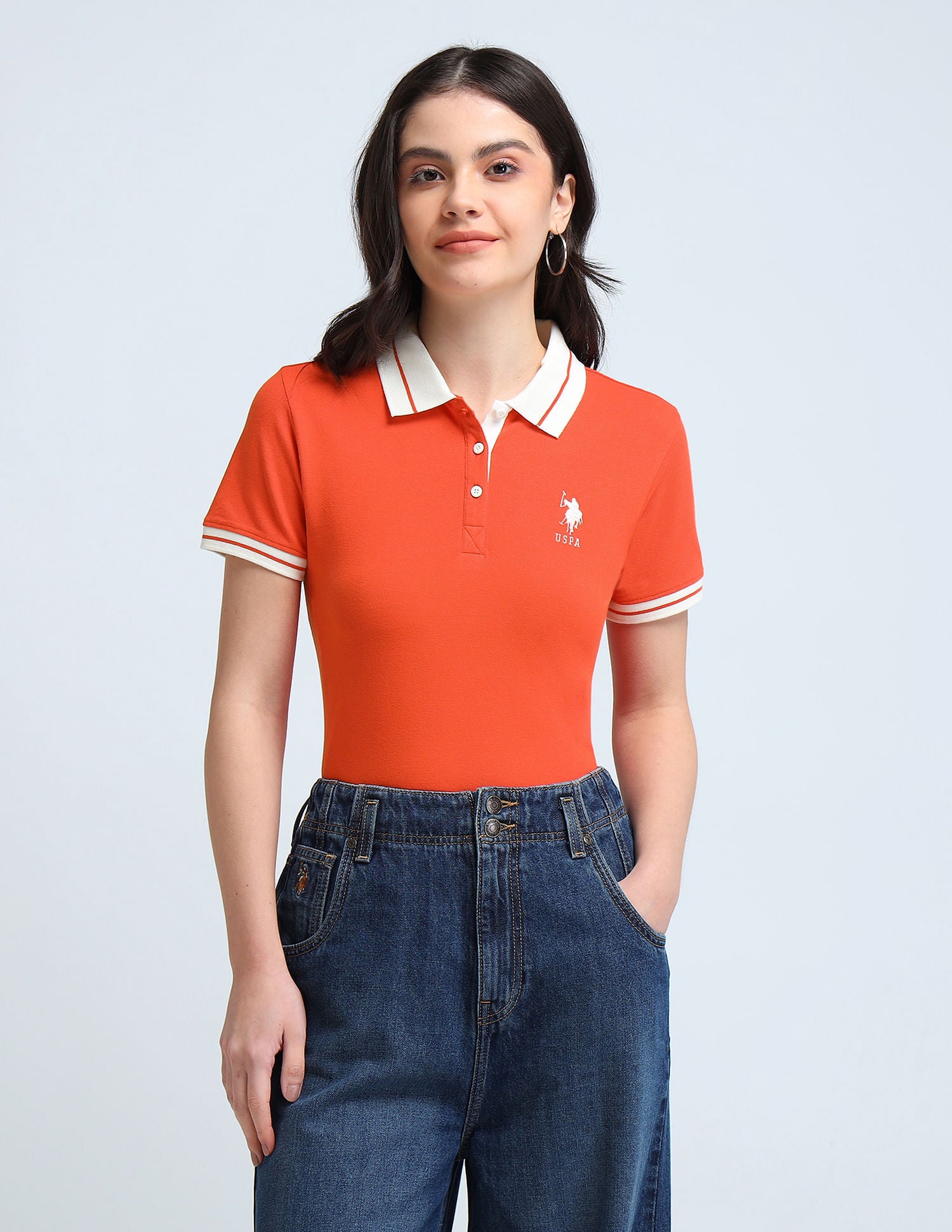 Contrast Striped Collar Solid Polo Shirt Orange - U.S. POLO ASSN. | Large