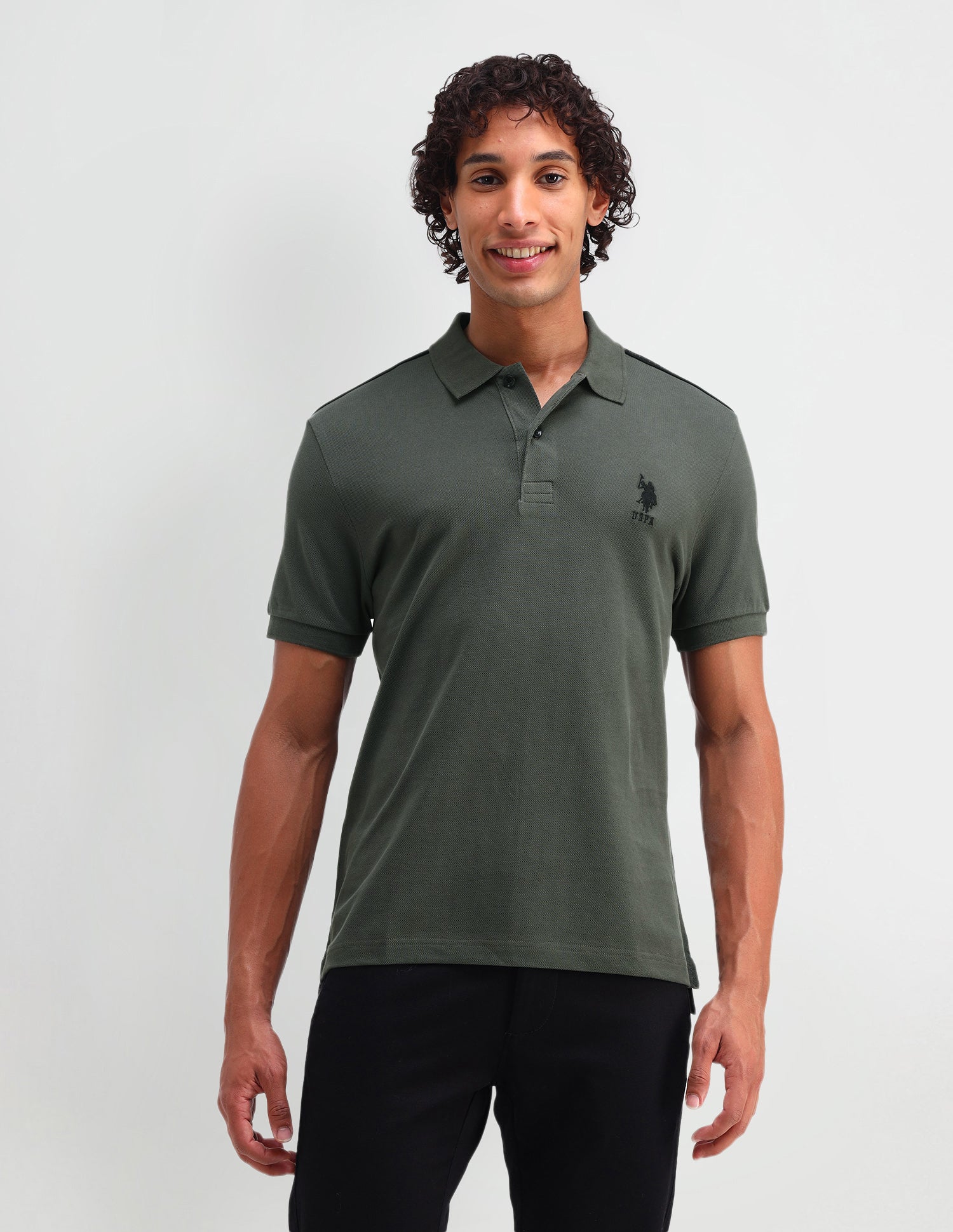 Solid Cotton Muscle Fit Polo Shirt Jungle Green - U.S. Polo Assn. India | Large
