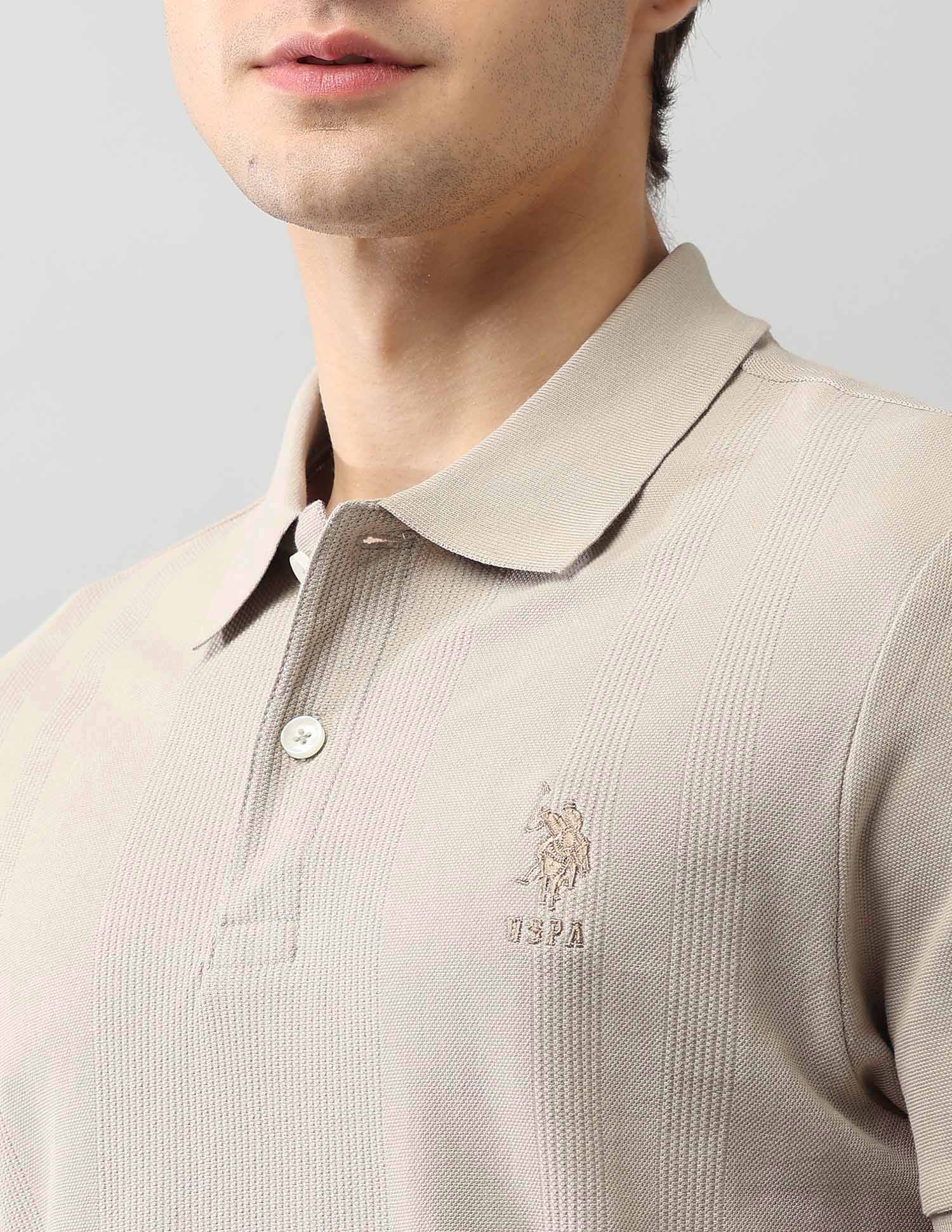 Textured Pure Cotton Black Label Polo Shirt Beige - U.S. Polo Assn. India | Large