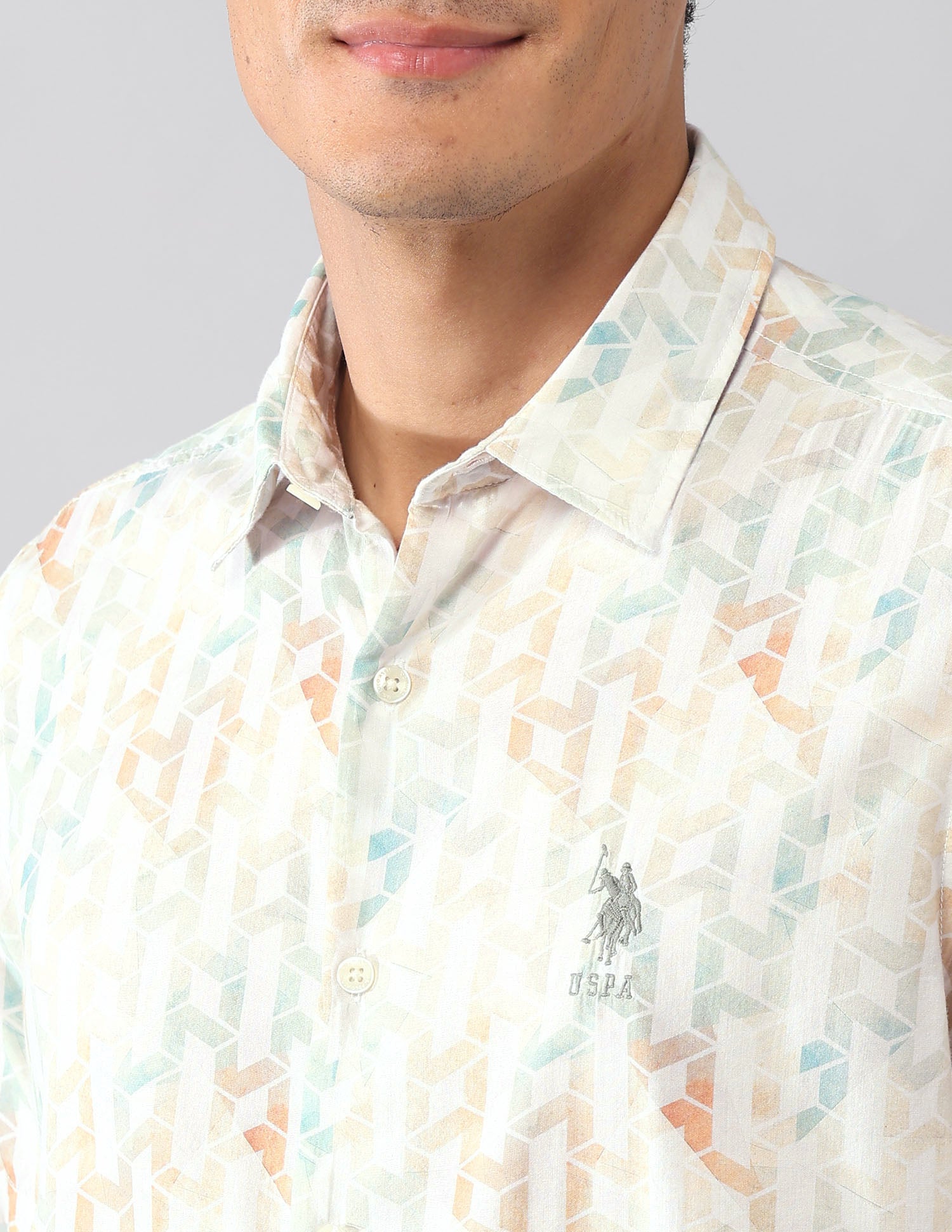 Geometric Printed Satin Regular Fit Shirt Light Green - U.S. Polo Assn. India | Large
