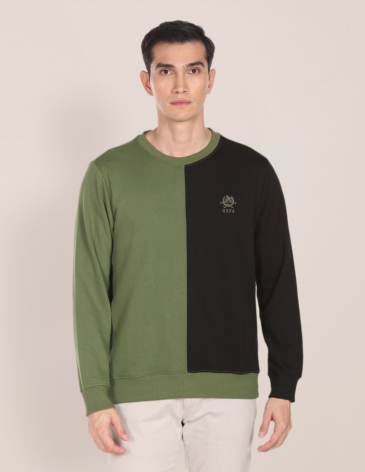 Crew Neck Panelled Two Tone Sweatshirt Olive - U.S. Polo Assn. India | Large