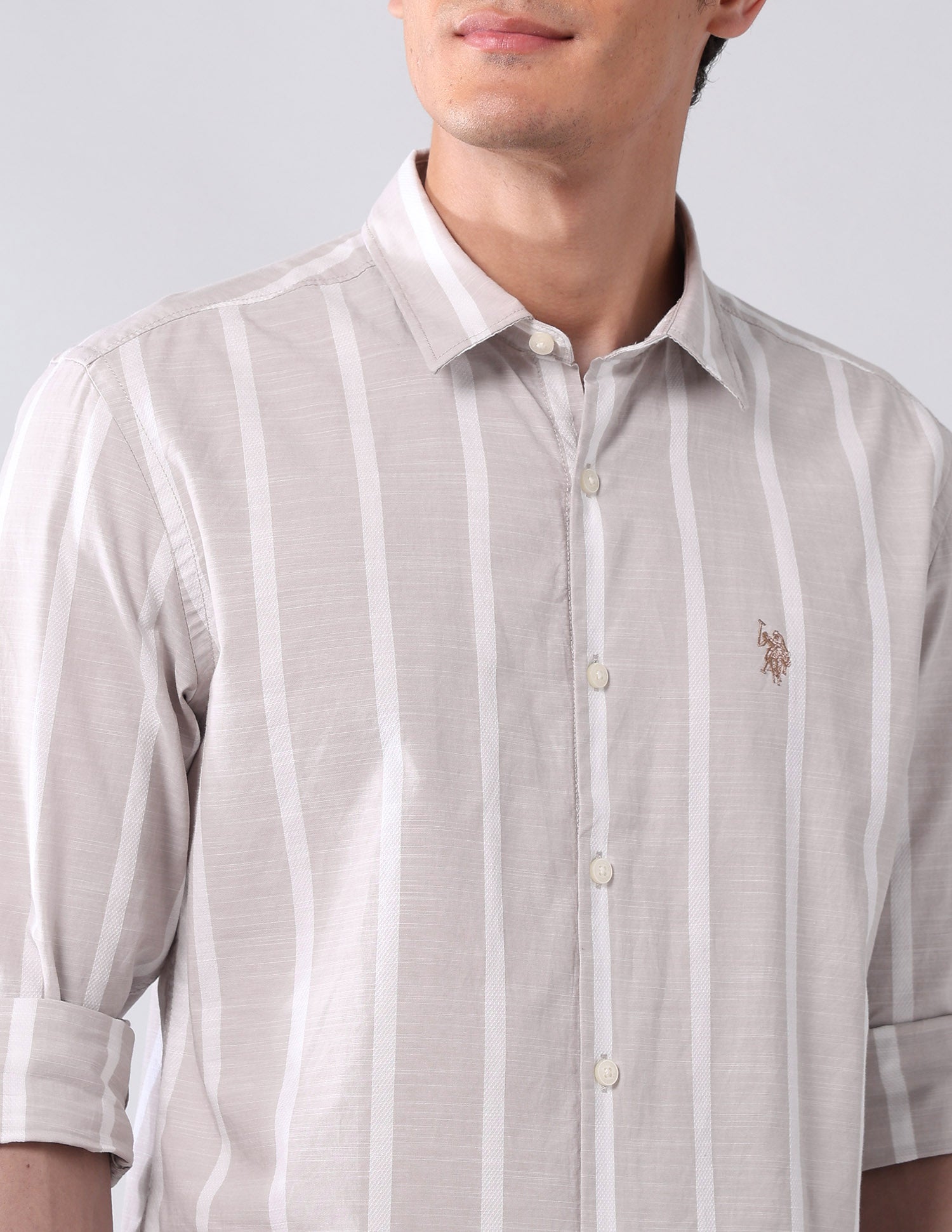 Vertical Striped Pure Cotton Shirt Khaki - U.S. Polo Assn. India | Large