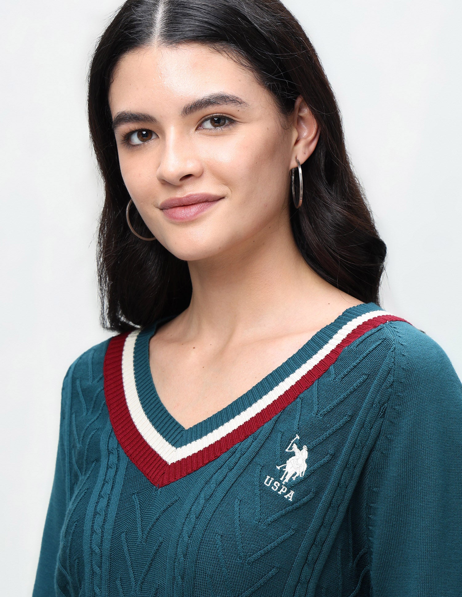 Cable Patterned Knit Regular Fit Sweater Teal - U.S. Polo Assn. India | Large