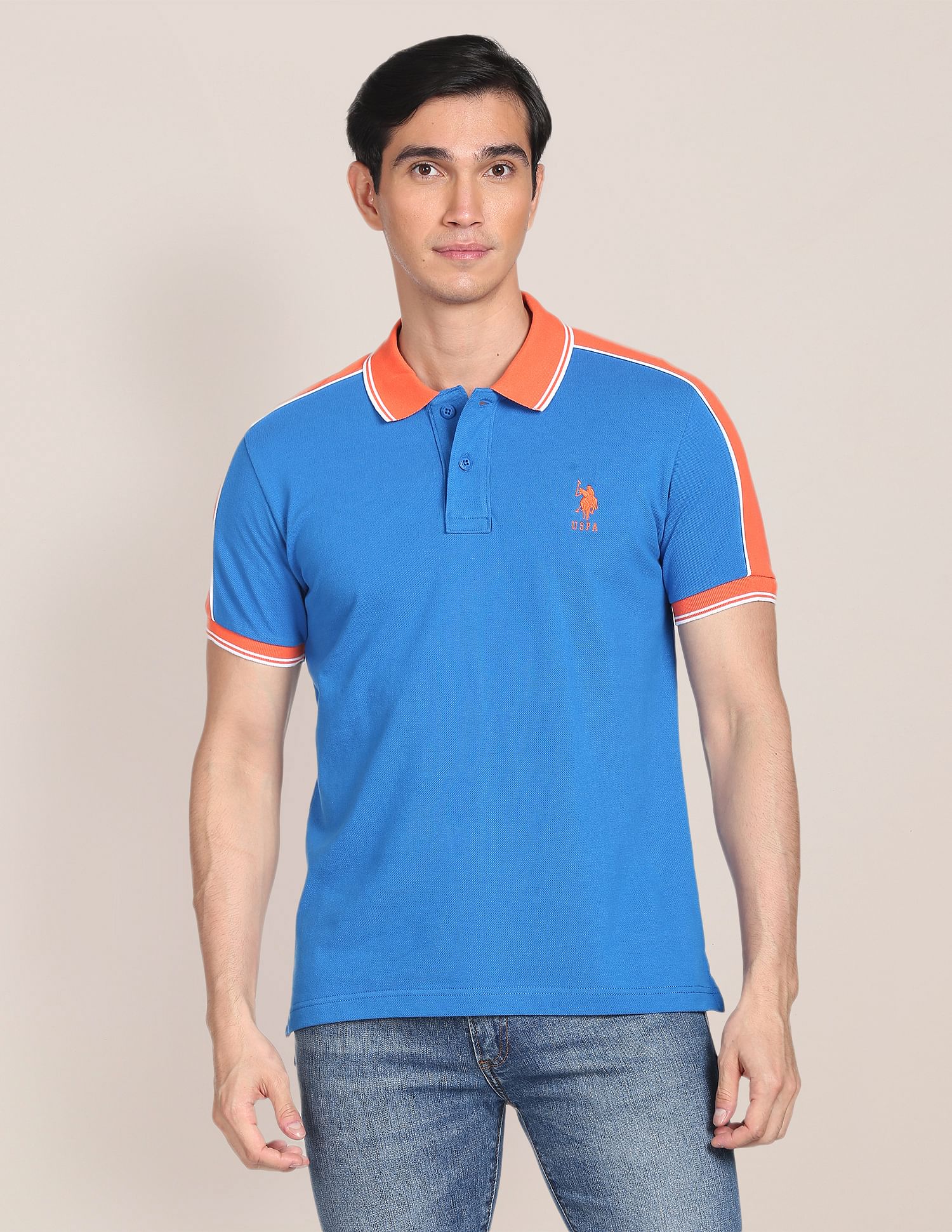 Colour Block Cotton Polo Shirt Blue - U.S. Polo Assn. India | Large