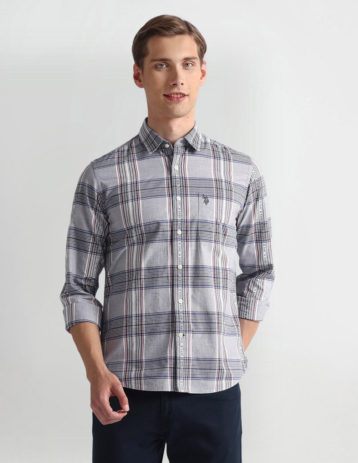 Tartan Check Striped Logo Shirt Grey - U.S. Polo Assn. India | Large