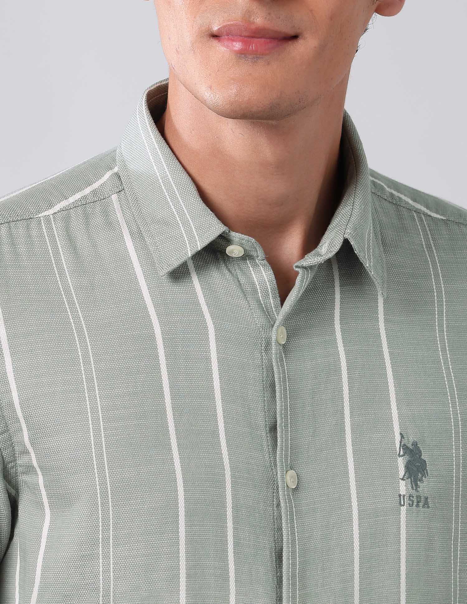 Vertical Striped Pure Cotton Shirt Light Green - U.S. Polo Assn. India | Large