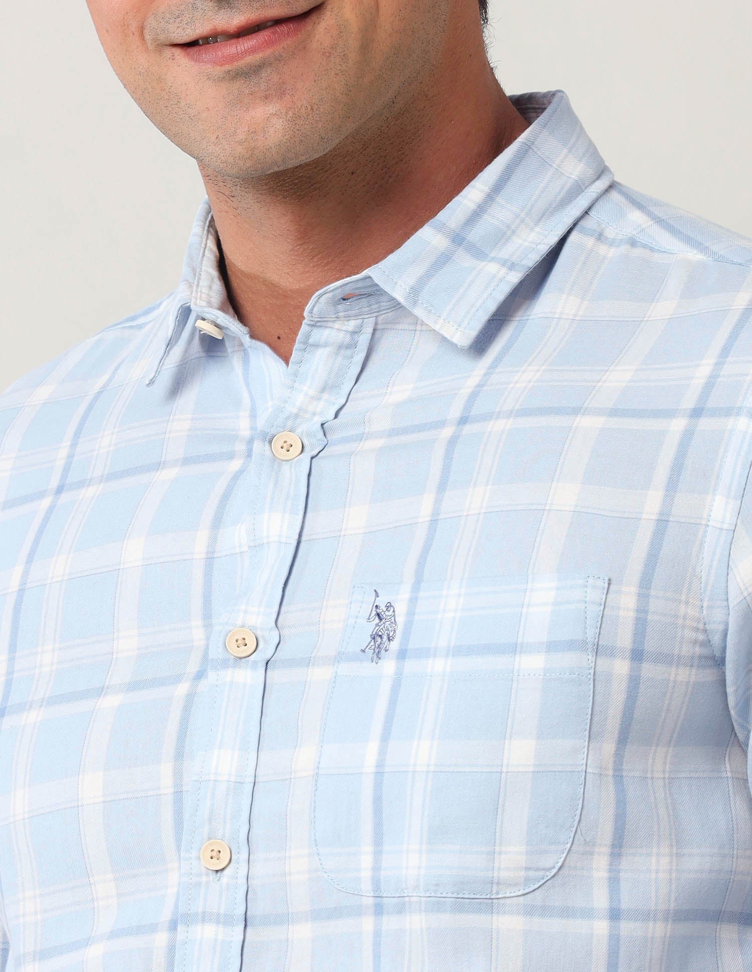 Regular Fit Grid Tattersall Checked Shirt Light Blue - U.S. Polo Assn. India | Large