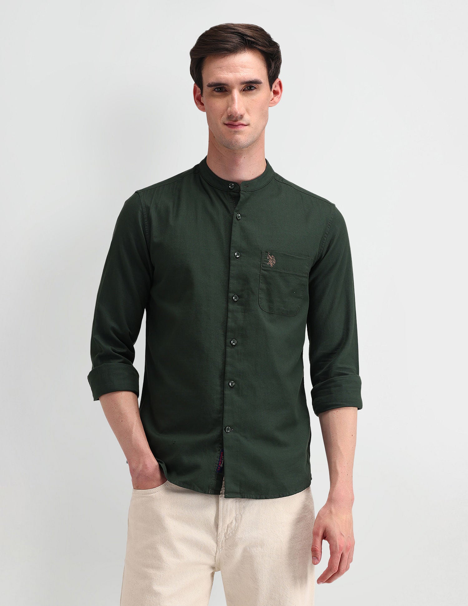 Slim Fit Solid Shirt Olive - U.S. Polo Assn. India | Large