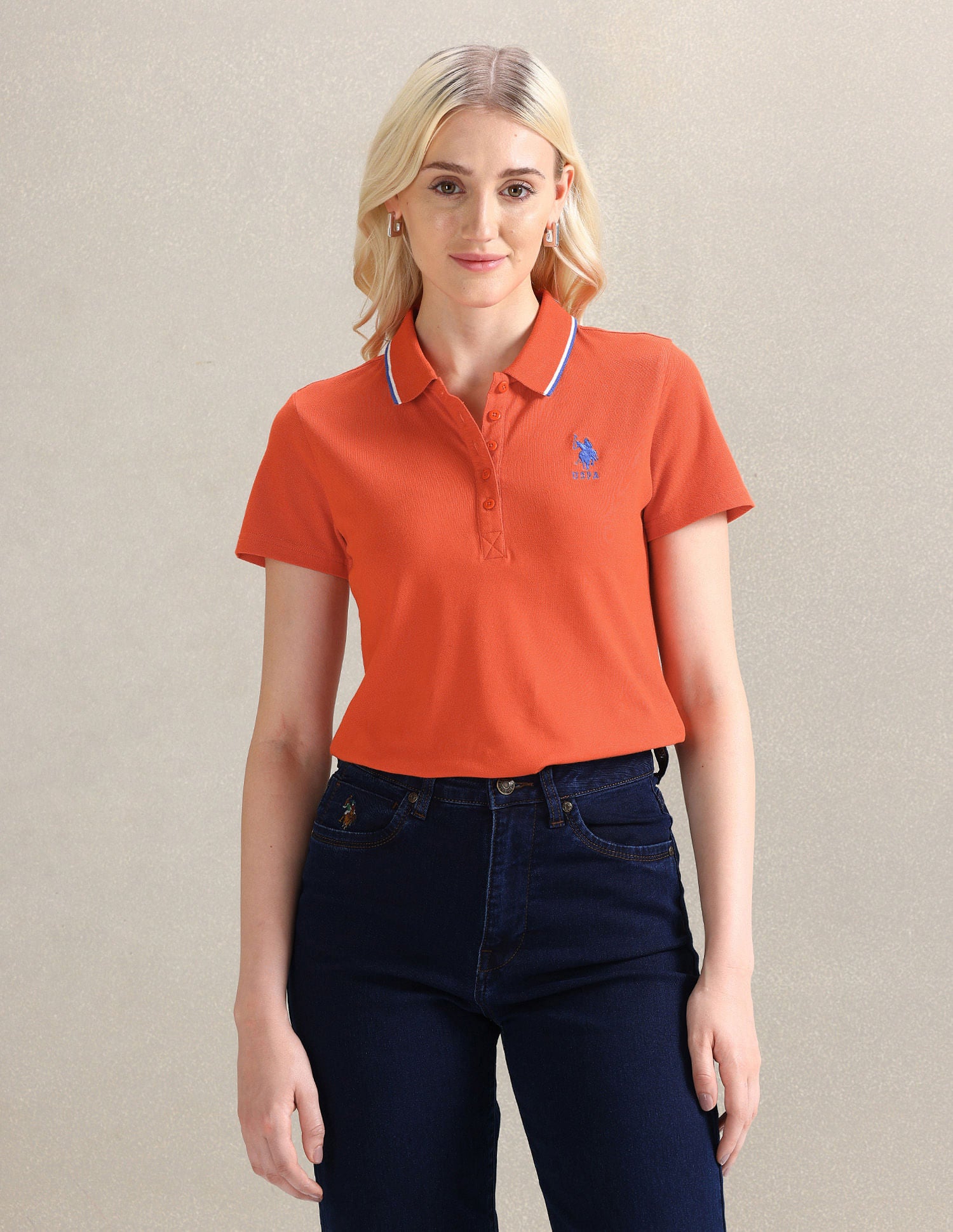 Embroidered Logo Tipped Polo Shirt Orange - U.S. POLO ASSN. | Large