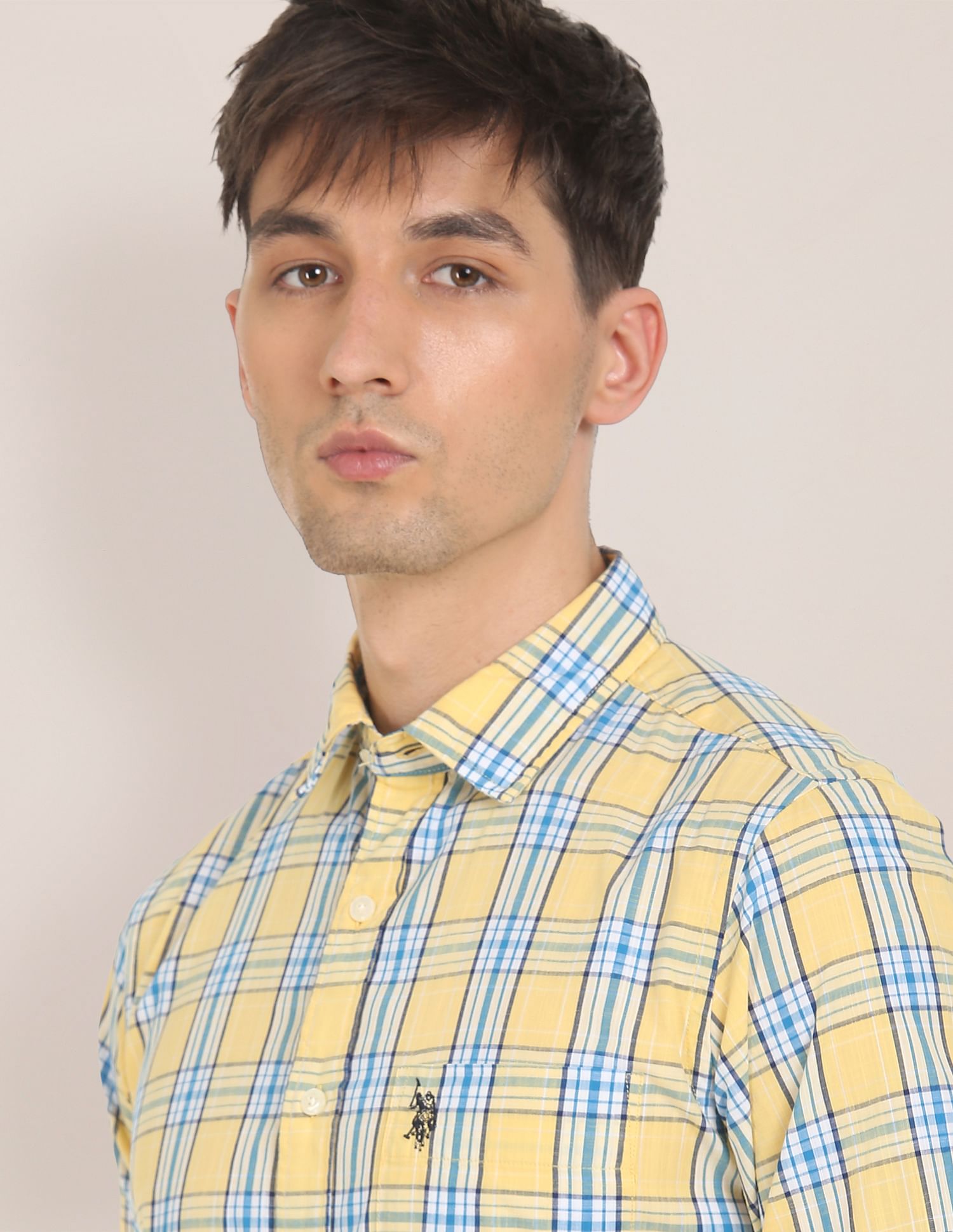 Men Yellow Spread Collar Check Cotton Casual Shirt Yellow - U.S. POLO ASSN. | Large