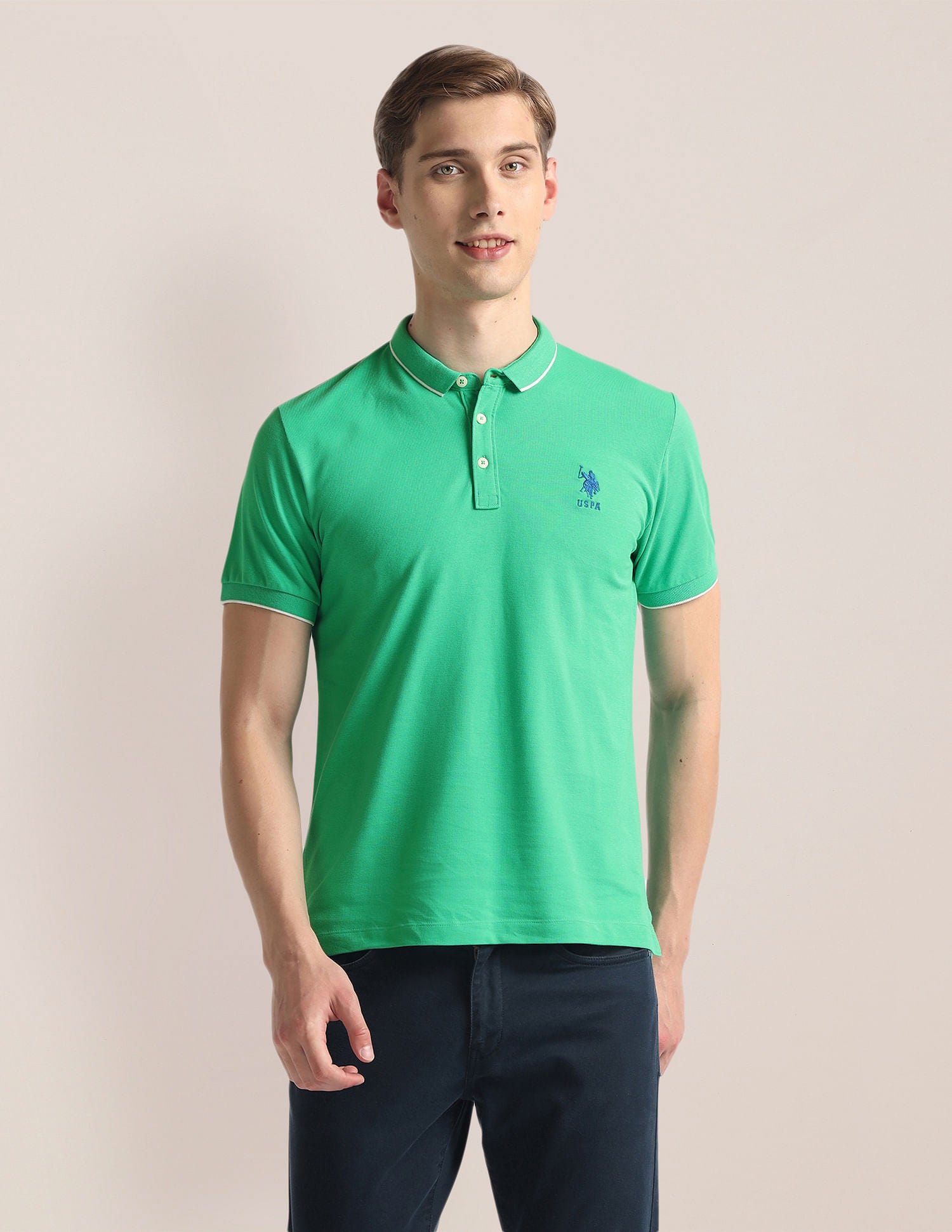 Tipped Collar Solid Polo Shirt Green - U.S. Polo Assn. India | Large
