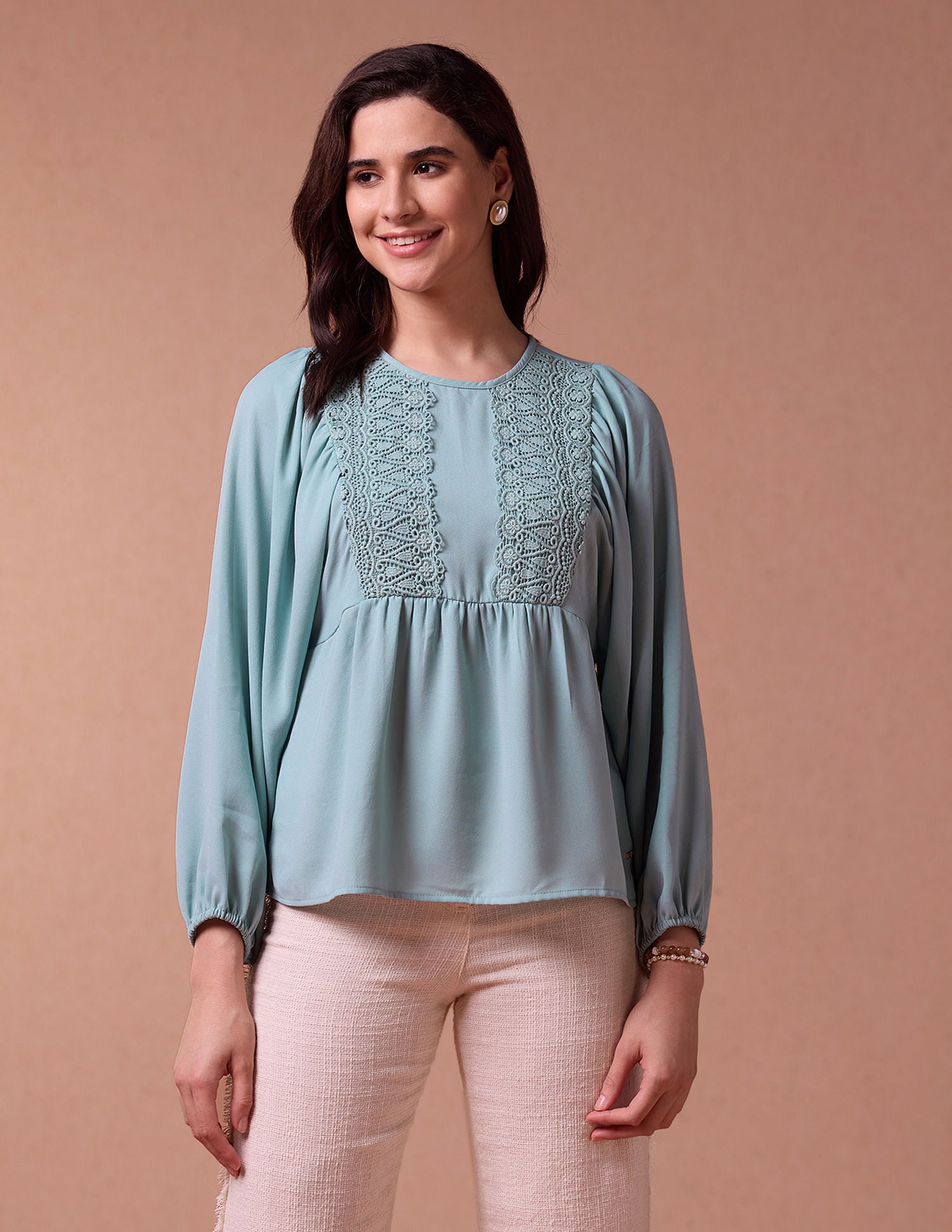 Loose Fit Lace Yoke Top Teal - U.S. POLO ASSN. | Large