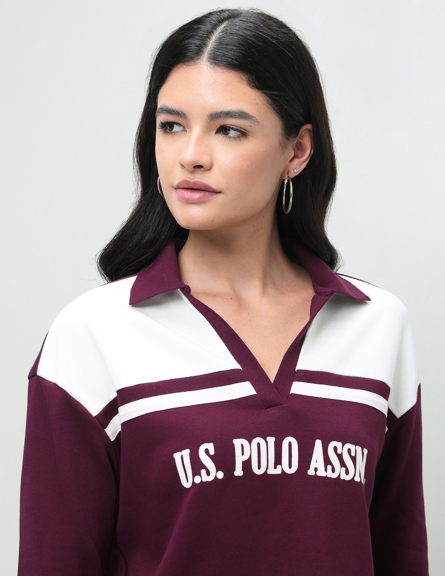 Colourblocked Regular Fit Cropped Sweatshirt Wine - U.S. Polo Assn. India | Large