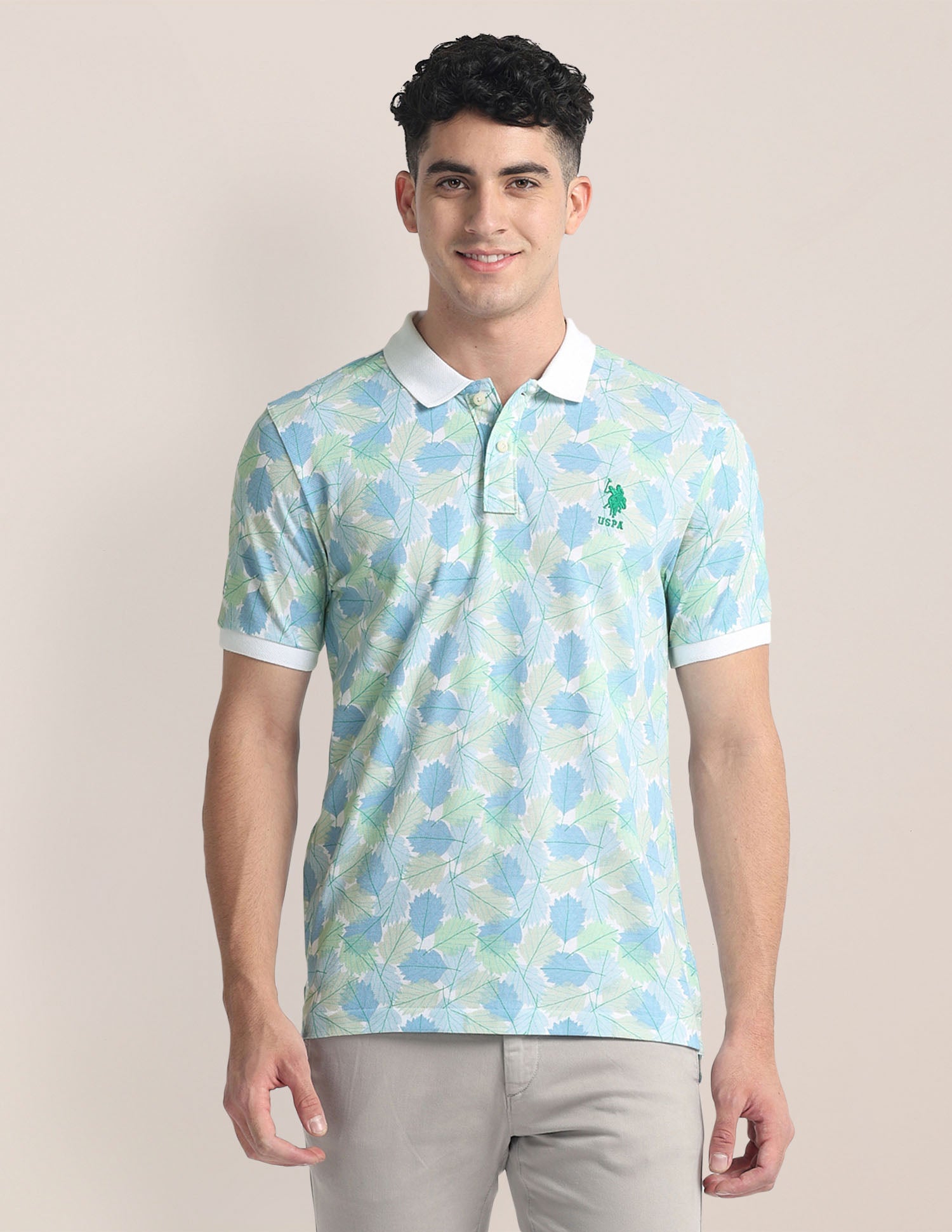 Tropical Print Slim Fit Polo Shirt Aqua - U.S. Polo Assn. India | Large