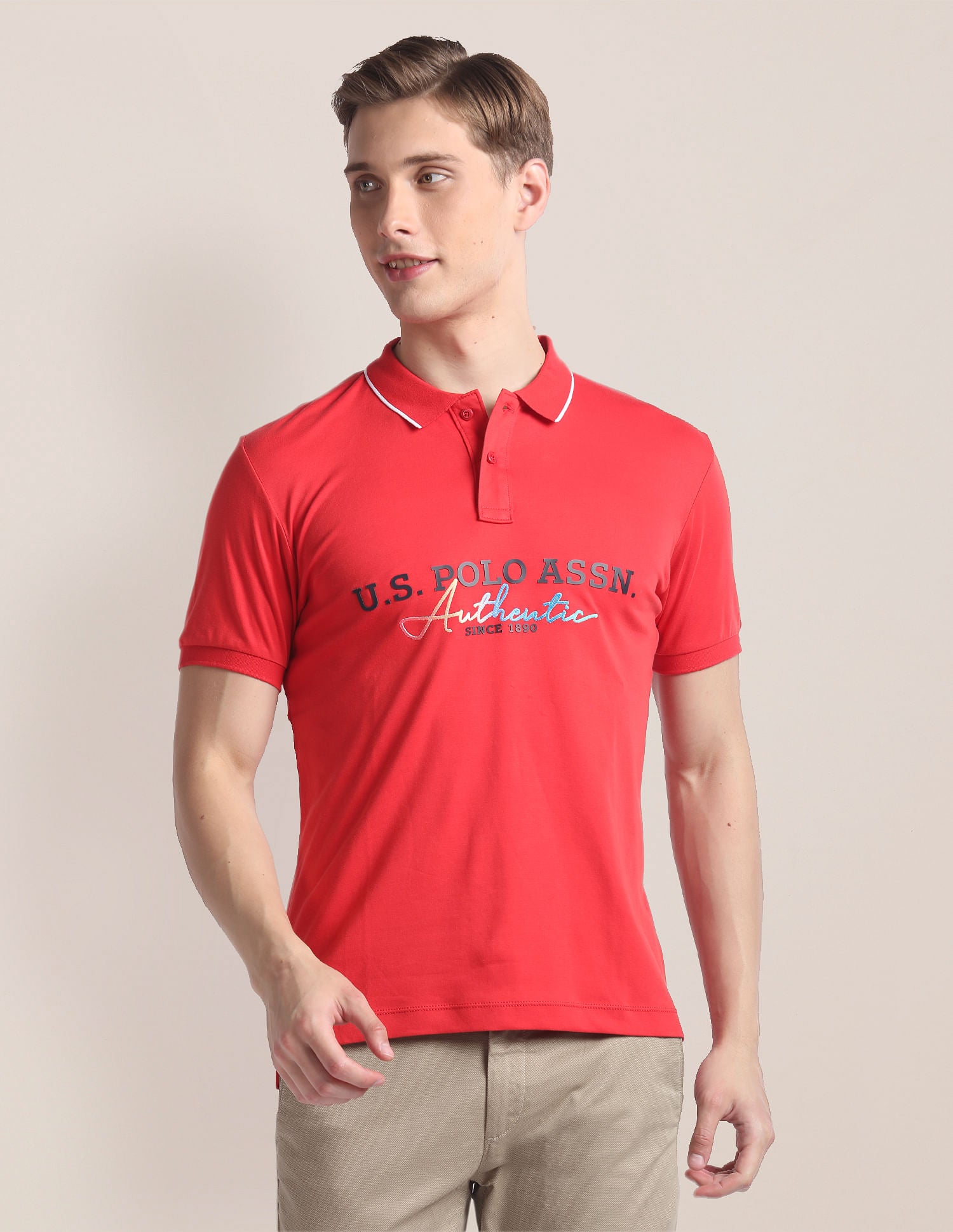 Brand Print Slim Polo Shirt Red - U.S. Polo Assn. India | Large