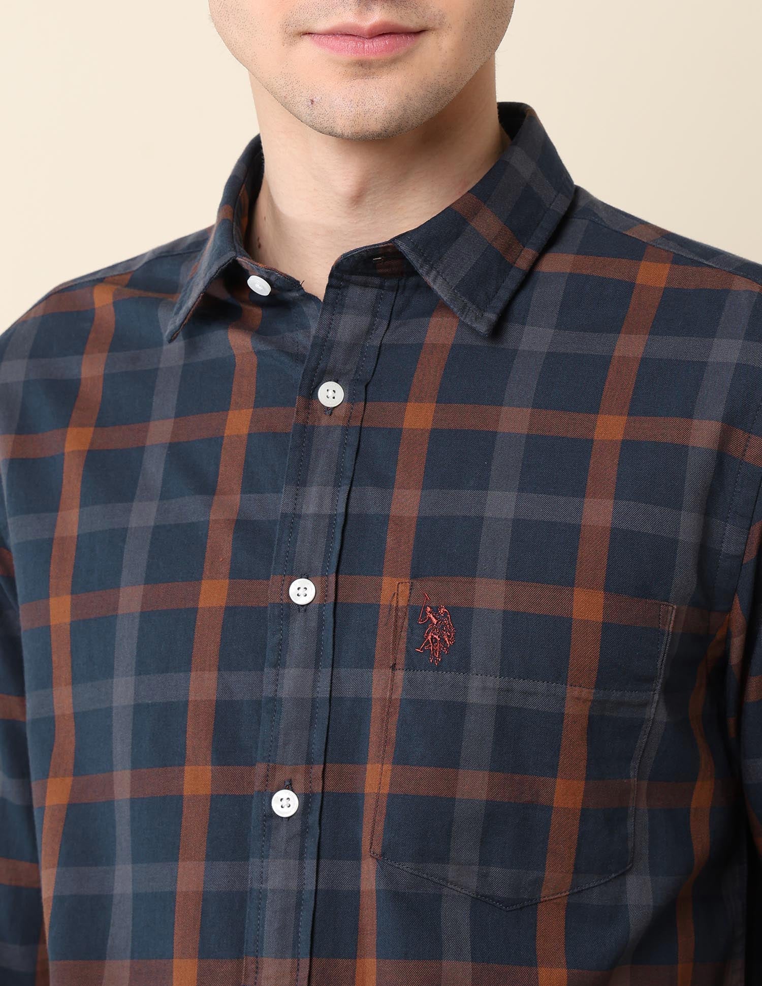 Windowpane Checked Pure Cotton Shirt Navy - U.S. Polo Assn. India | Large