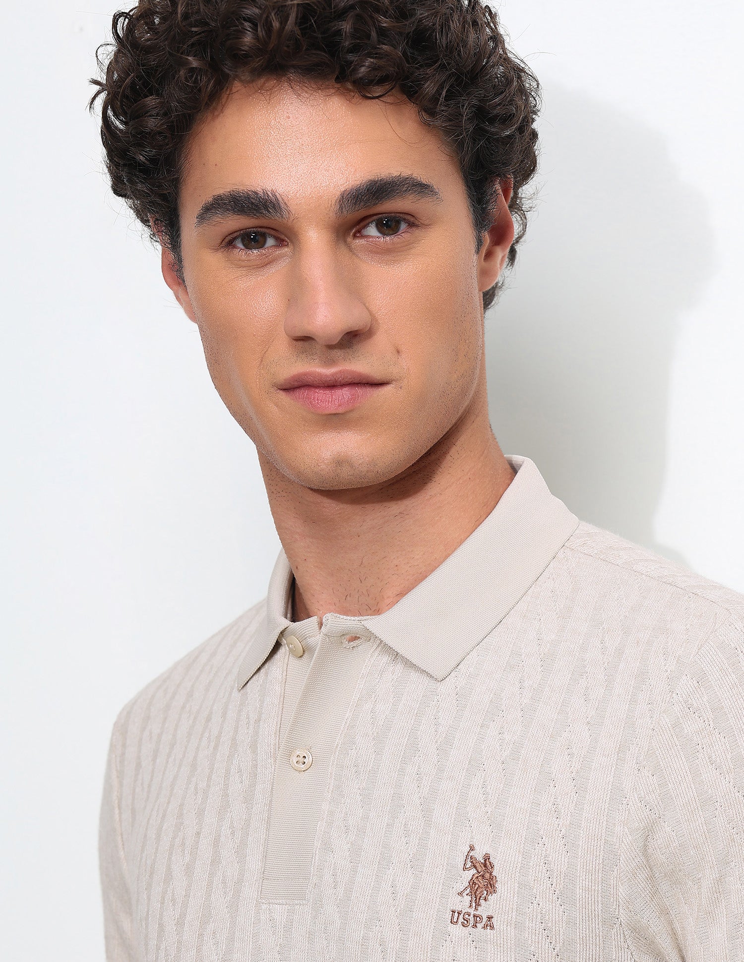 Textured Slim Fit Polo Shirt Beige - U.S. Polo Assn. India | Large