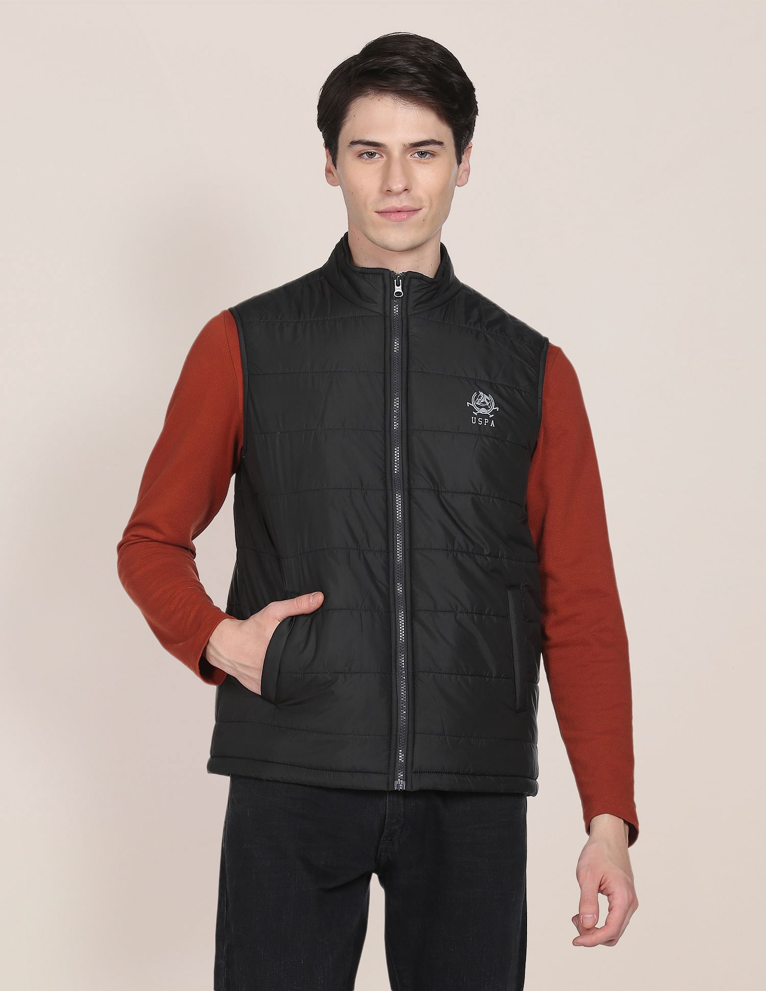 Men Black Solid Sleeveless Puffer Jacket Black - U.S. Polo Assn. India | Large