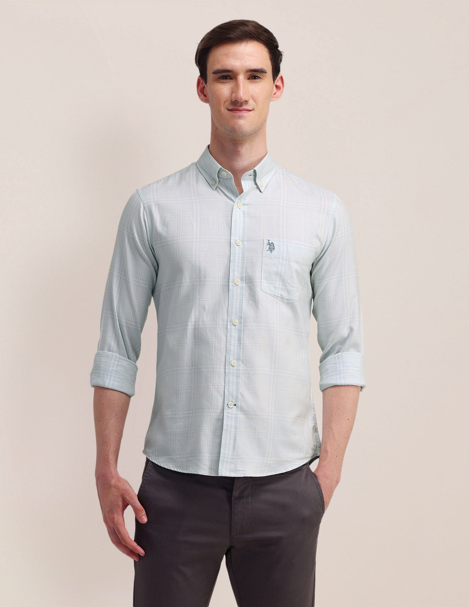 Grid Tattersall Checked Twill Shirt Light Blue - U.S. Polo Assn. India | Large