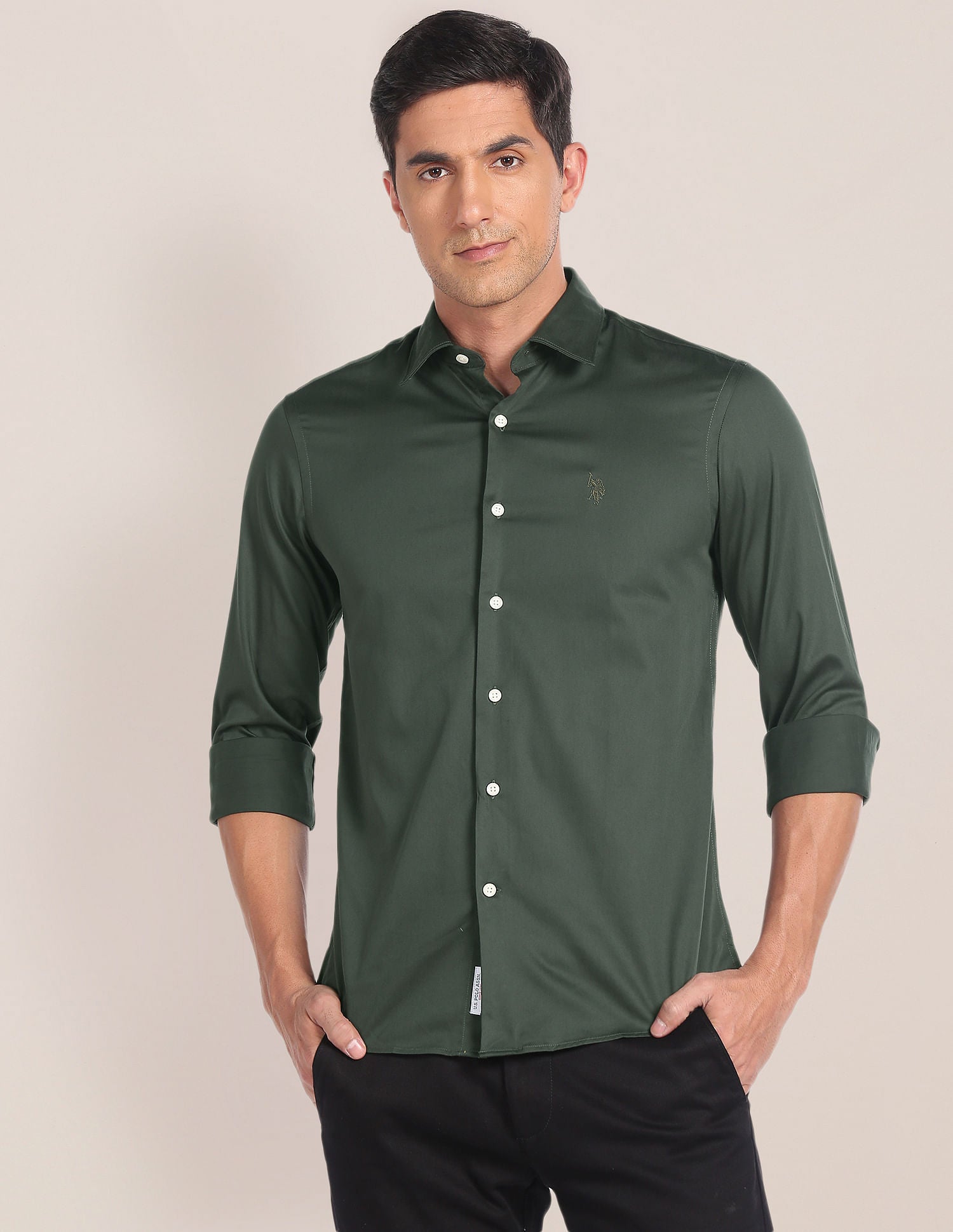 Cutaway Collar Solid Shirt Green - U.S. POLO ASSN. | Large