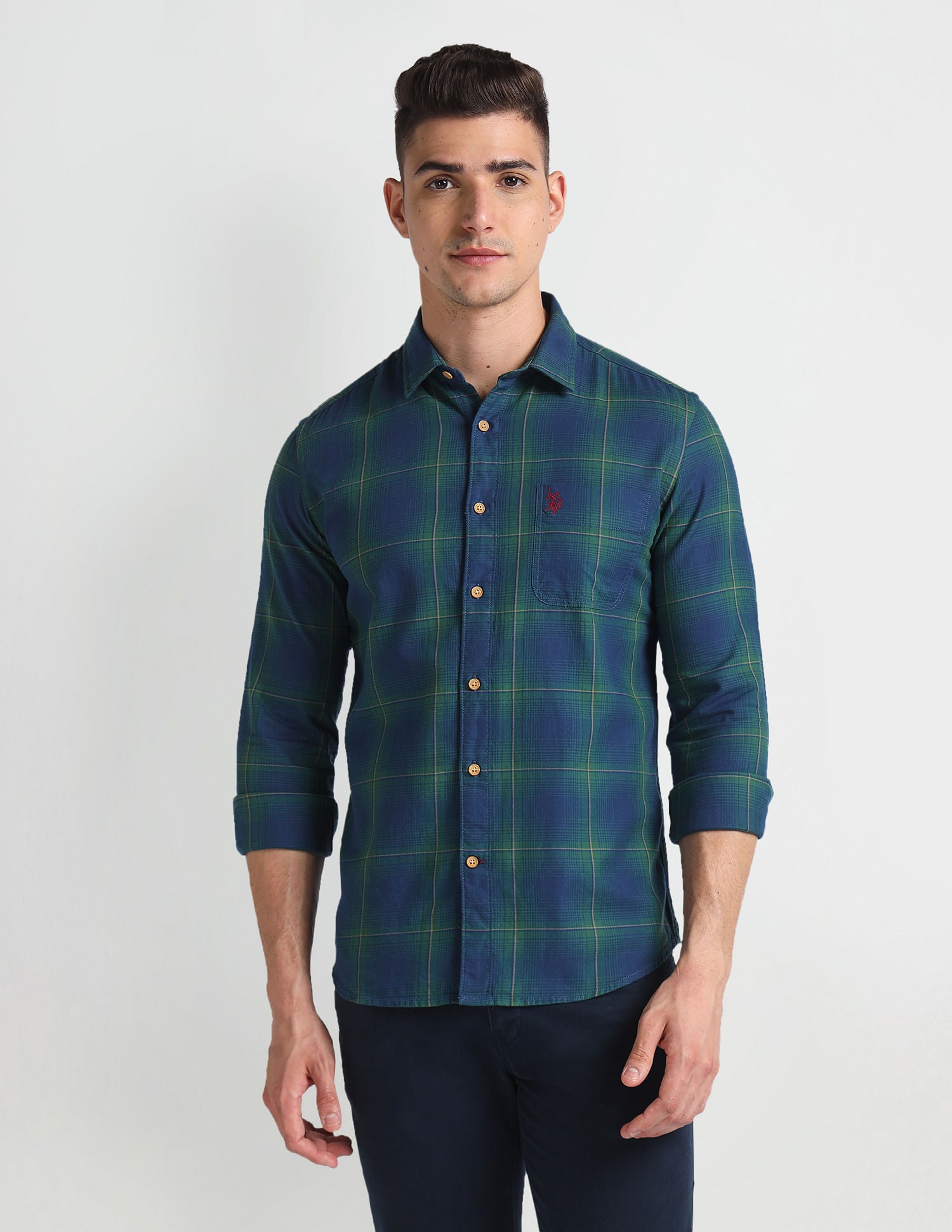 Tartan Check Twill Shirt Blue and Green - U.S. Polo Assn. India | Large