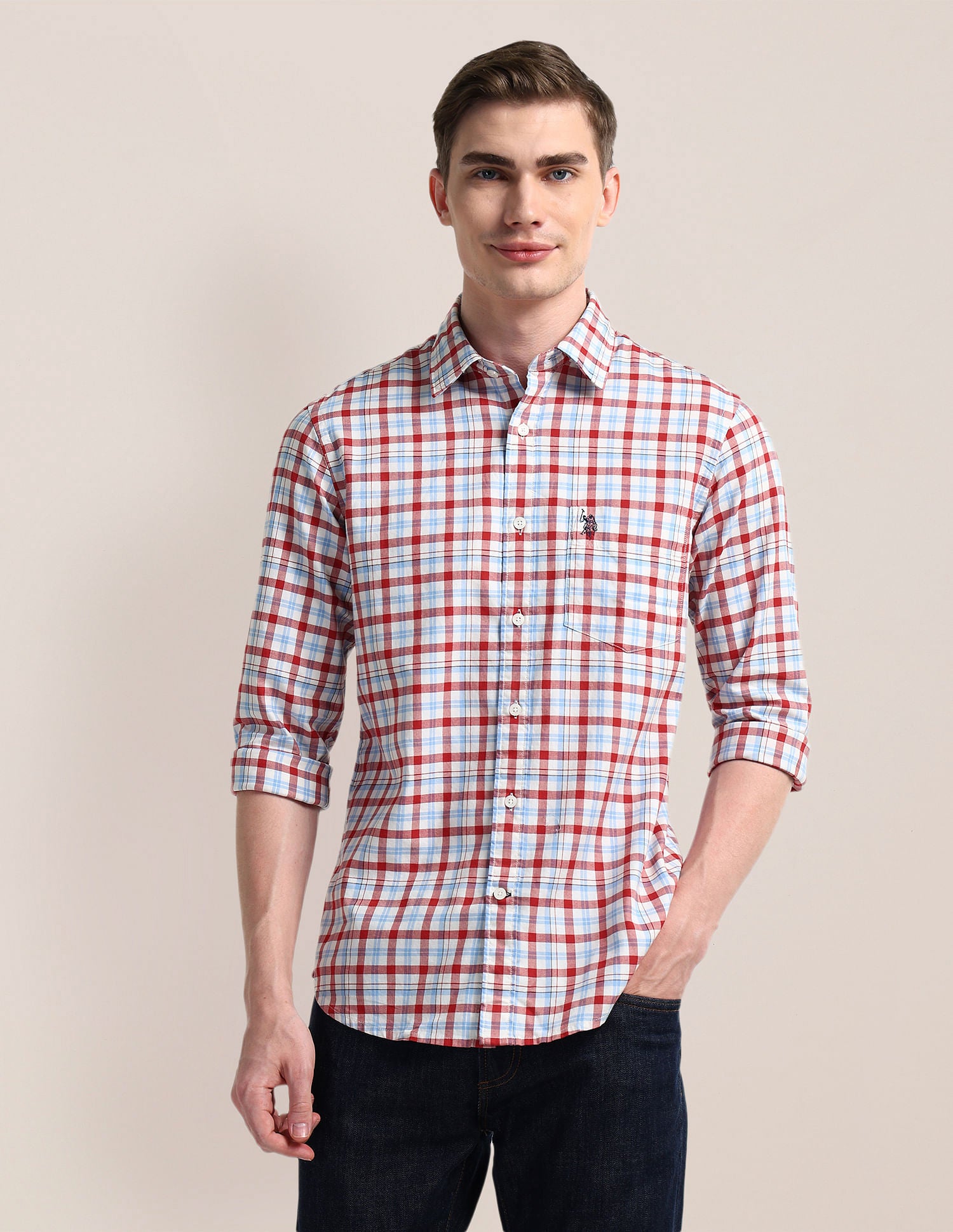 Cutaway Collar Premium Cotton Shirt Red - U.S. Polo Assn. India | Large