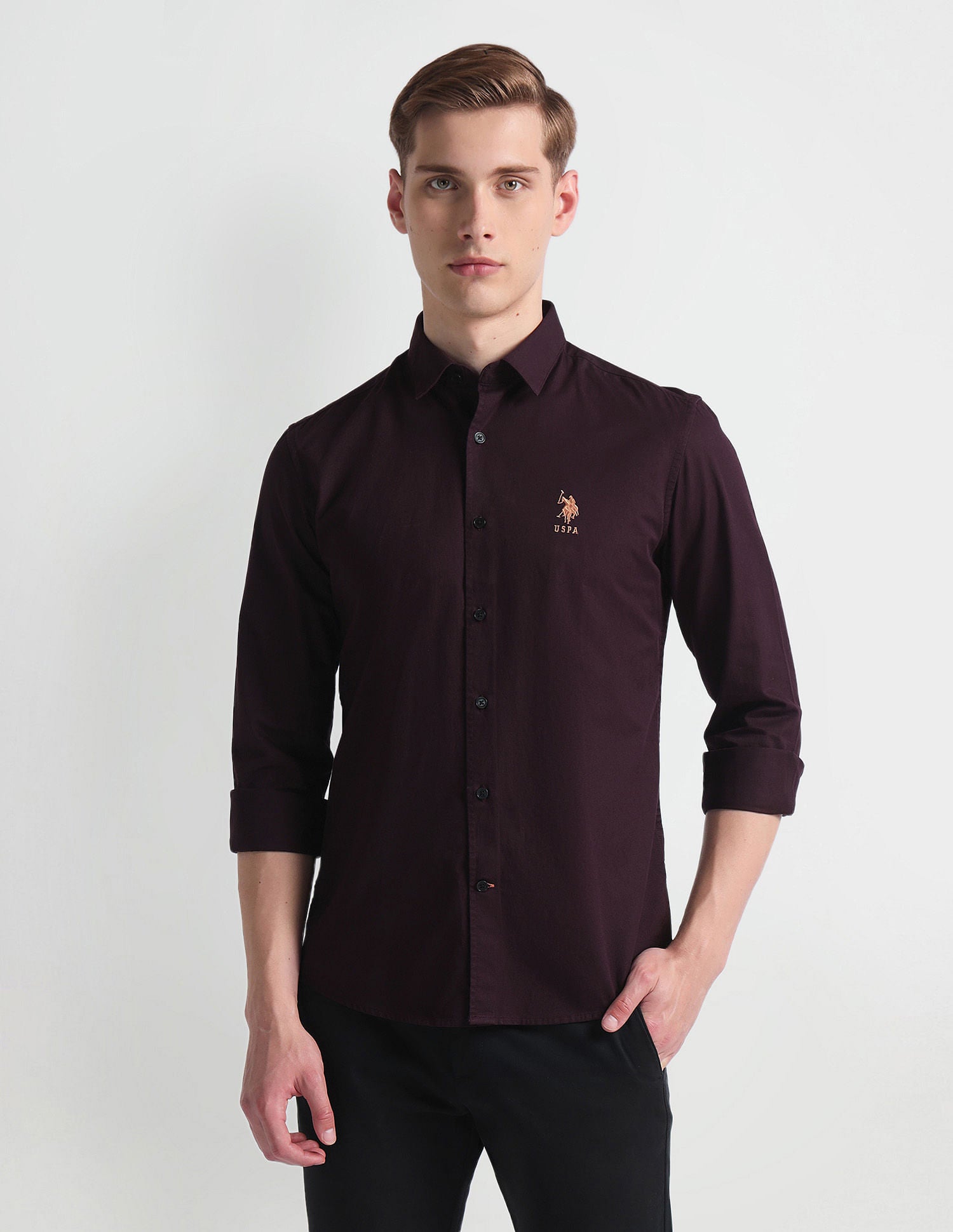 French Placket Solid Shirt Wine - U.S. Polo Assn. India | Large