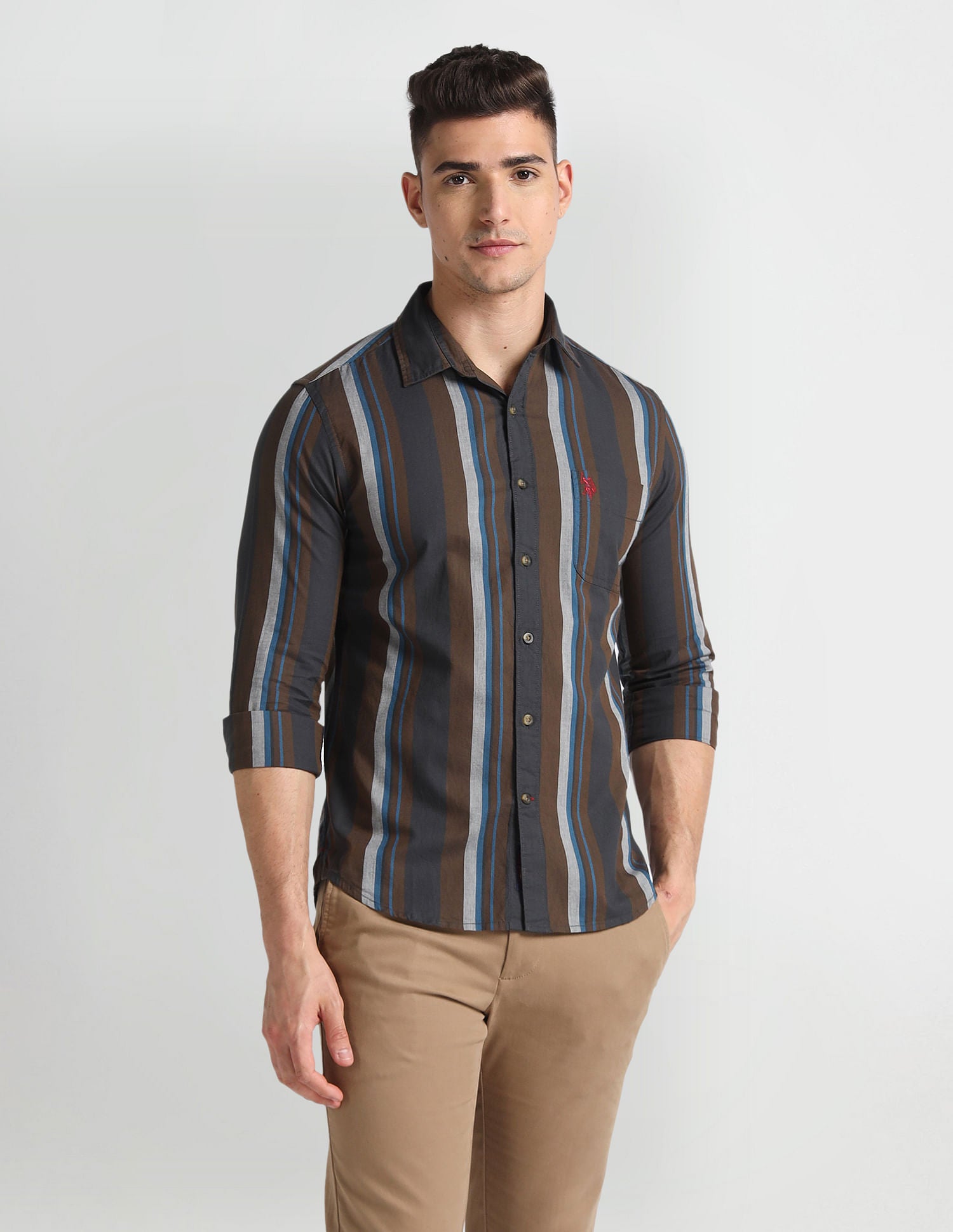 Vertical Stripe Slim Fit Shirt Brown - U.S. Polo Assn. India | Large