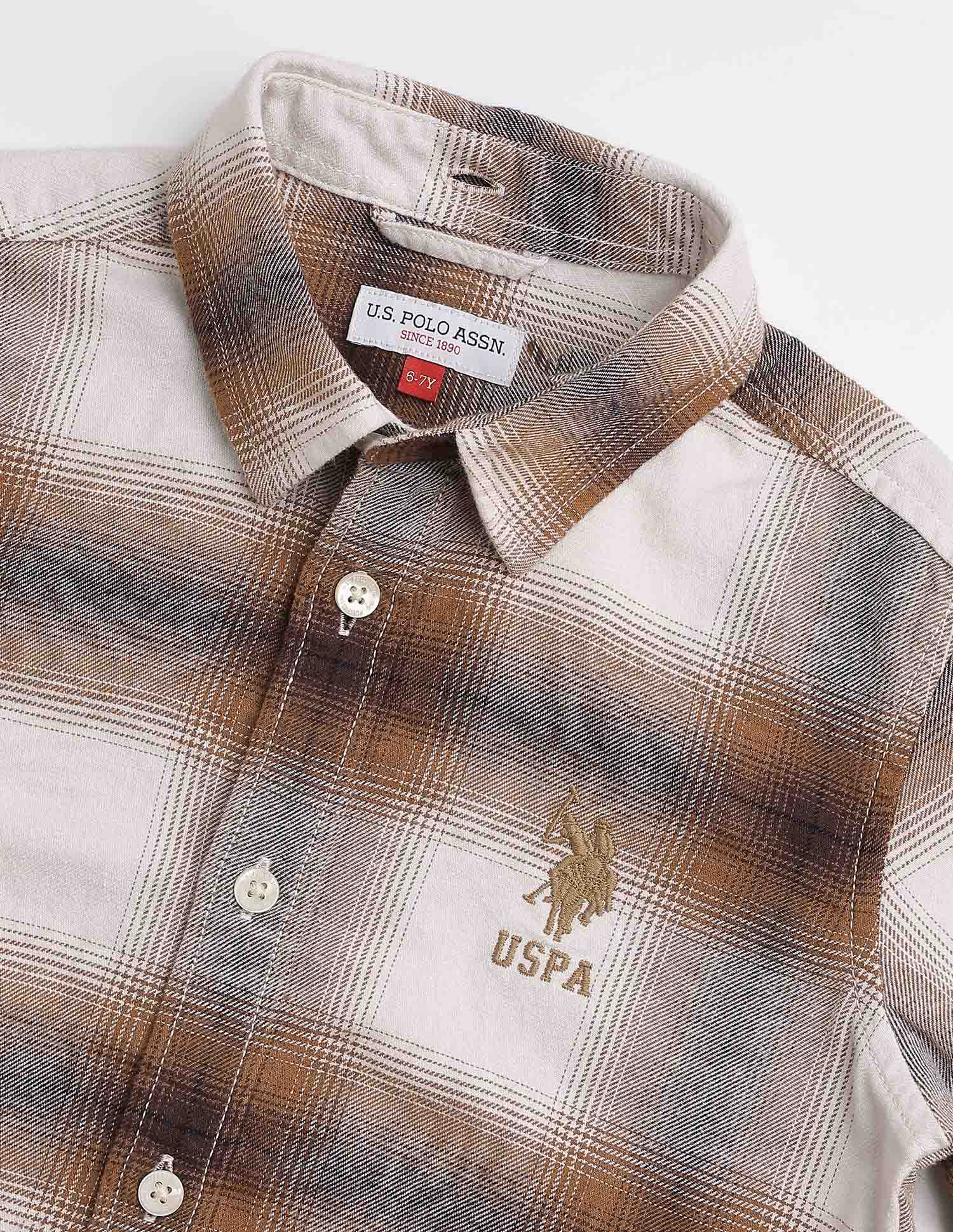Boys Tartan Checked Regular Fit Shirt Beige - U.S. Polo Assn. India | Large