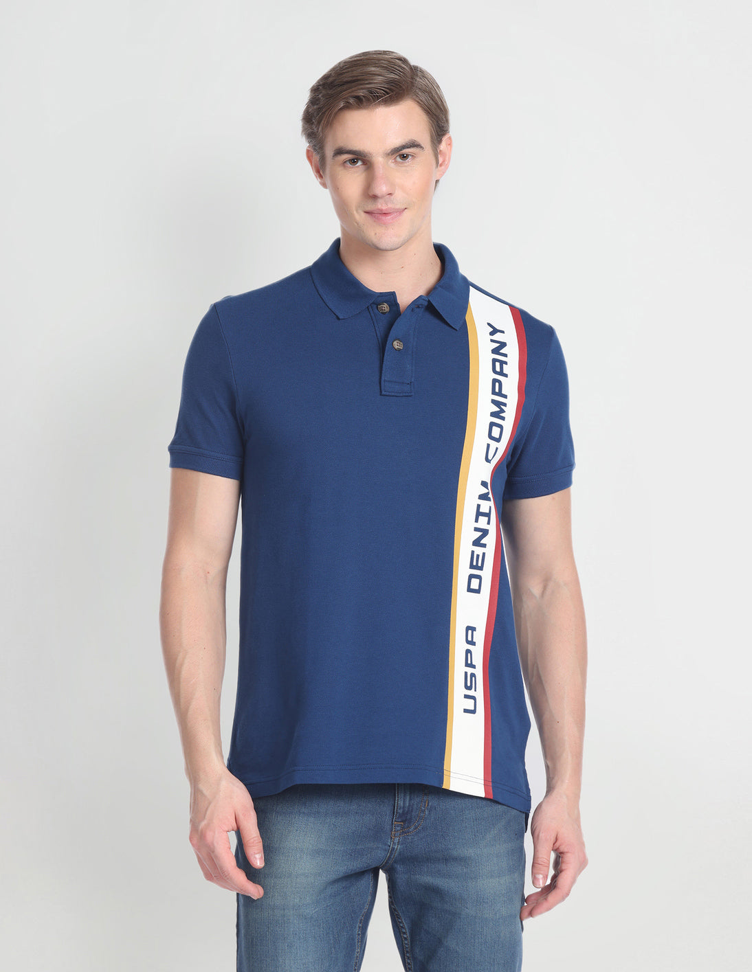 Ribbed Collar Brand Print Polo Shirt Navy - U.S. Polo Assn. India | Large