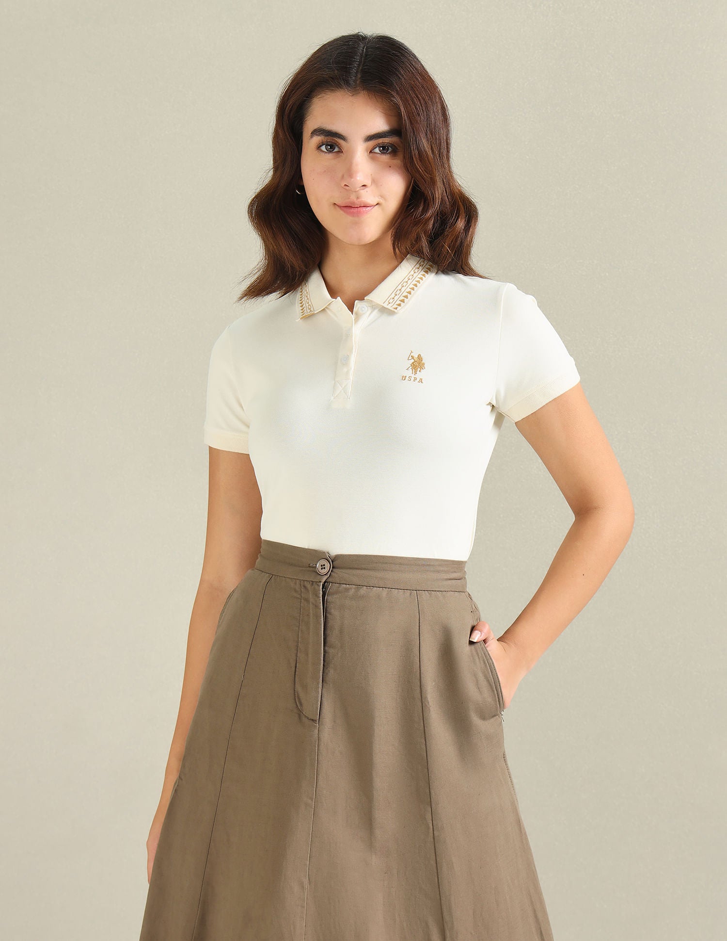 Geometric Detail Pique Polo Shirt Ecru - U.S. POLO ASSN. | Large