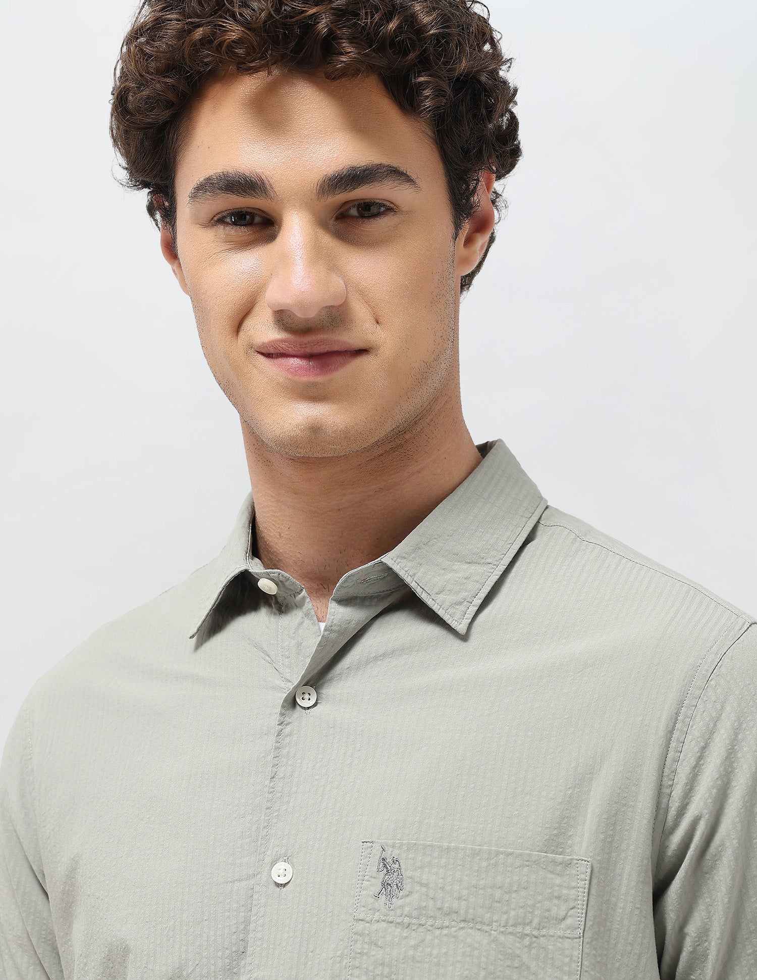 Regular Fit Seersucker Shirt Light Olive - U.S. Polo Assn. India | Large